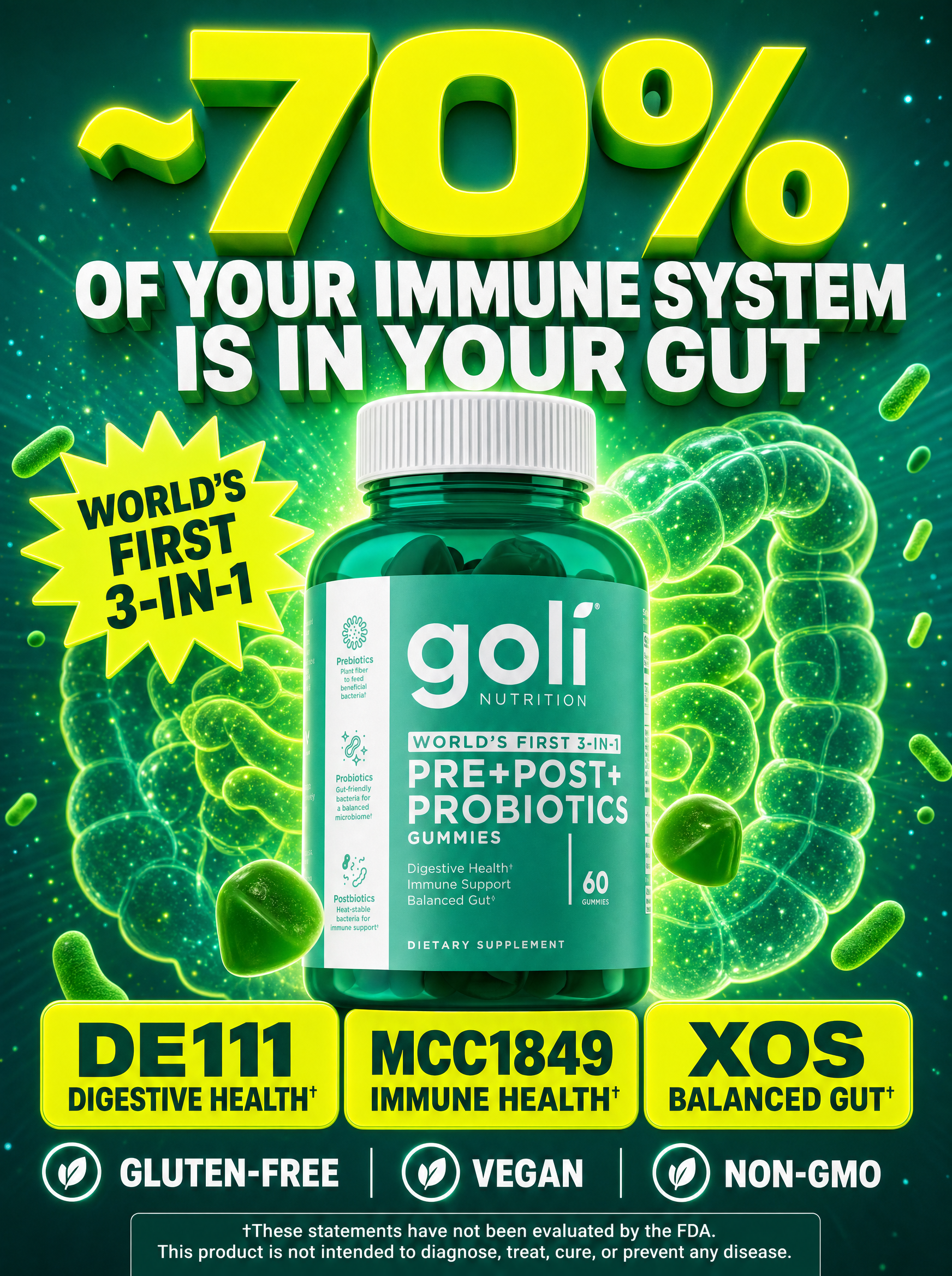 Goli Facebook ad: Three Biotics. One Gummy. World's First.
