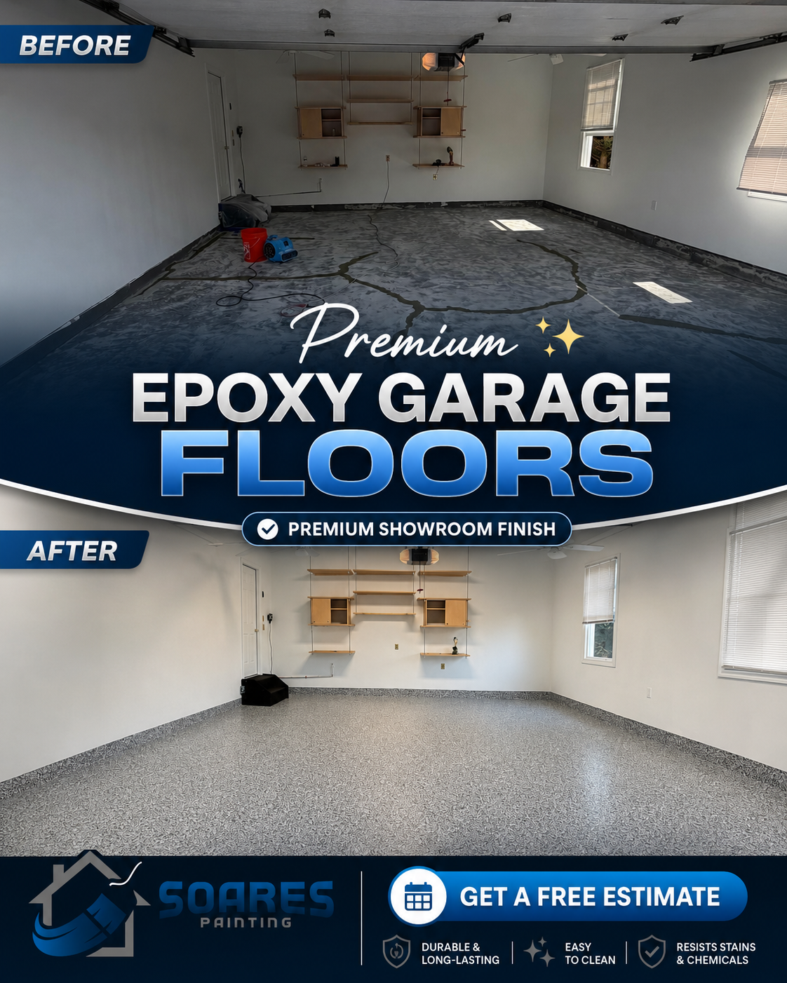 Soares Painting LLC Facebook ad: Premium Garage Epoxy Floors