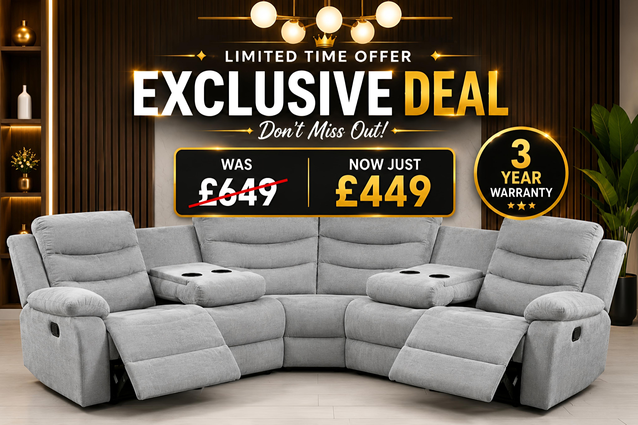 My Perfect Home Facebook ad: Luxury Recliner Sofa, Only £449 Today!