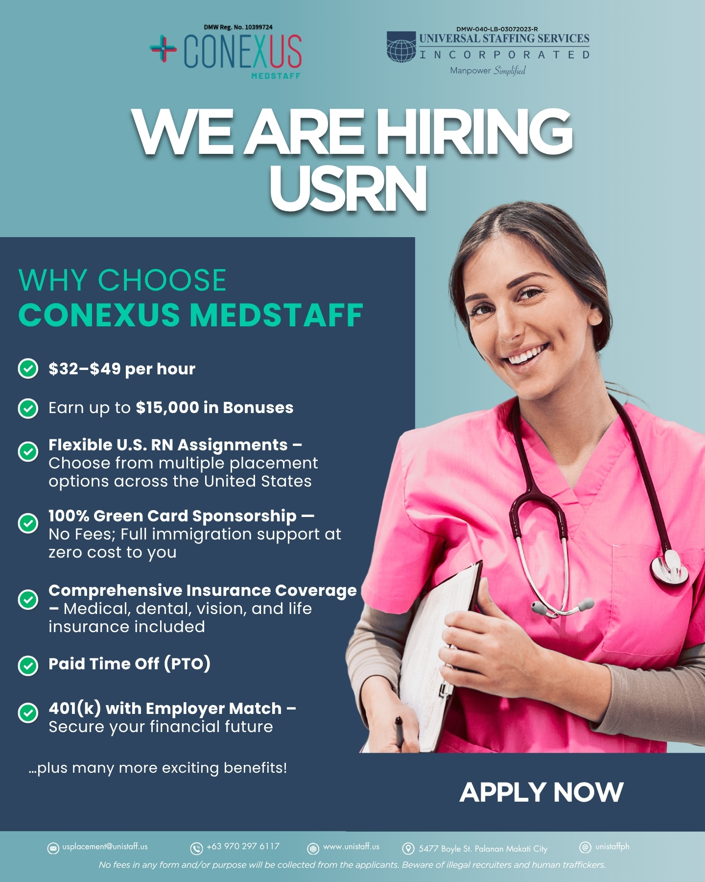 Universal Staffing Services Inc Facebook ad: Hiring USRNs, Earn Up to $49/Hour