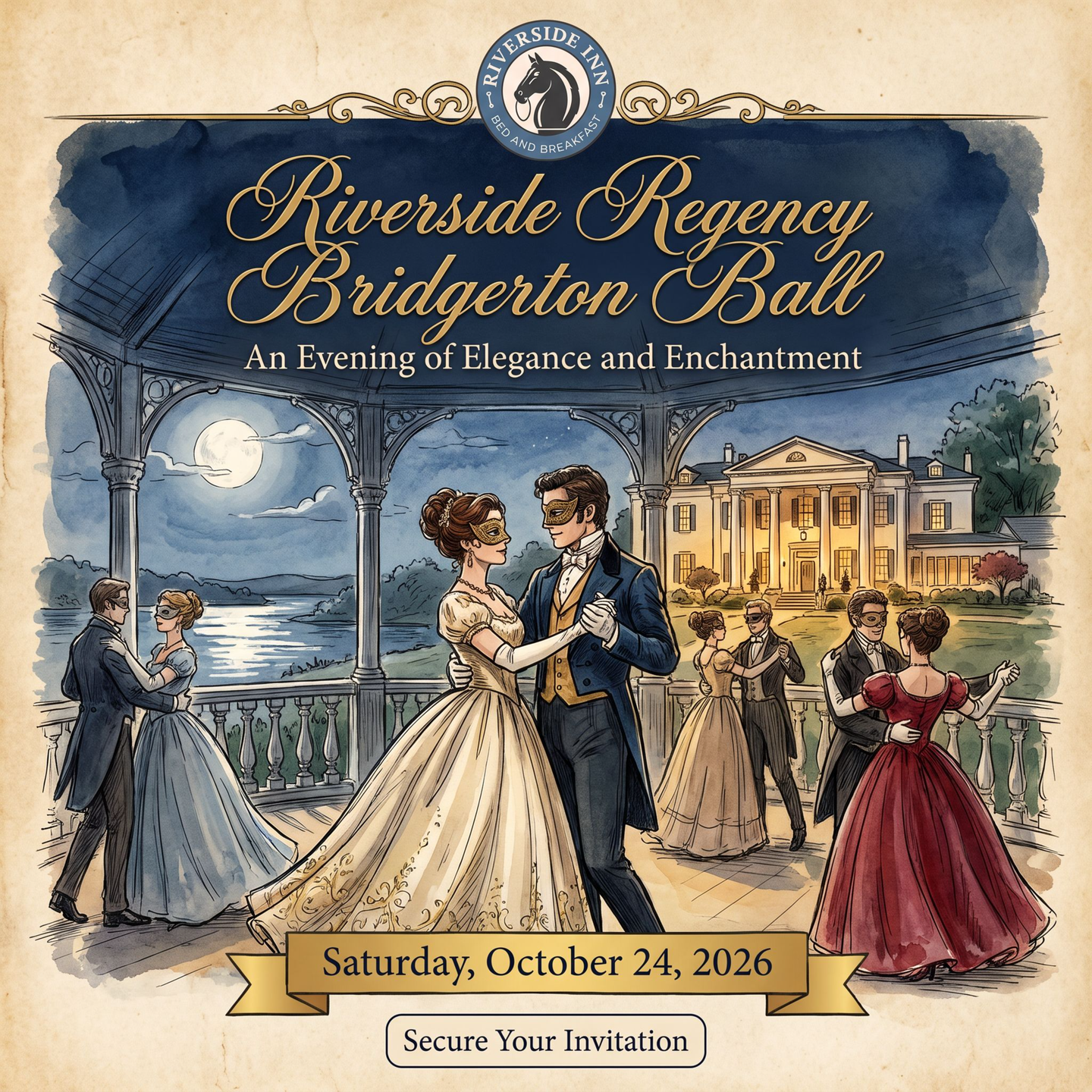 Riverside Inn Bed & Breakfast Facebook ad: Dine Like Royalty: Riverside Inn Bridgerton Masquerade