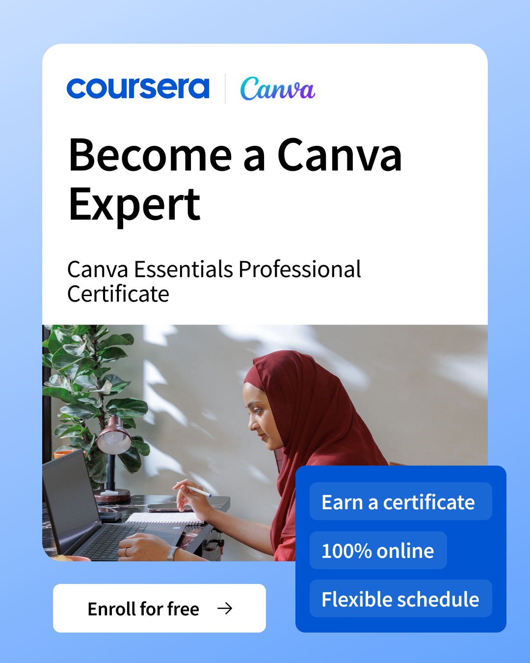 Coursera Facebook ad: Learn design, branding, and content creation with Canva