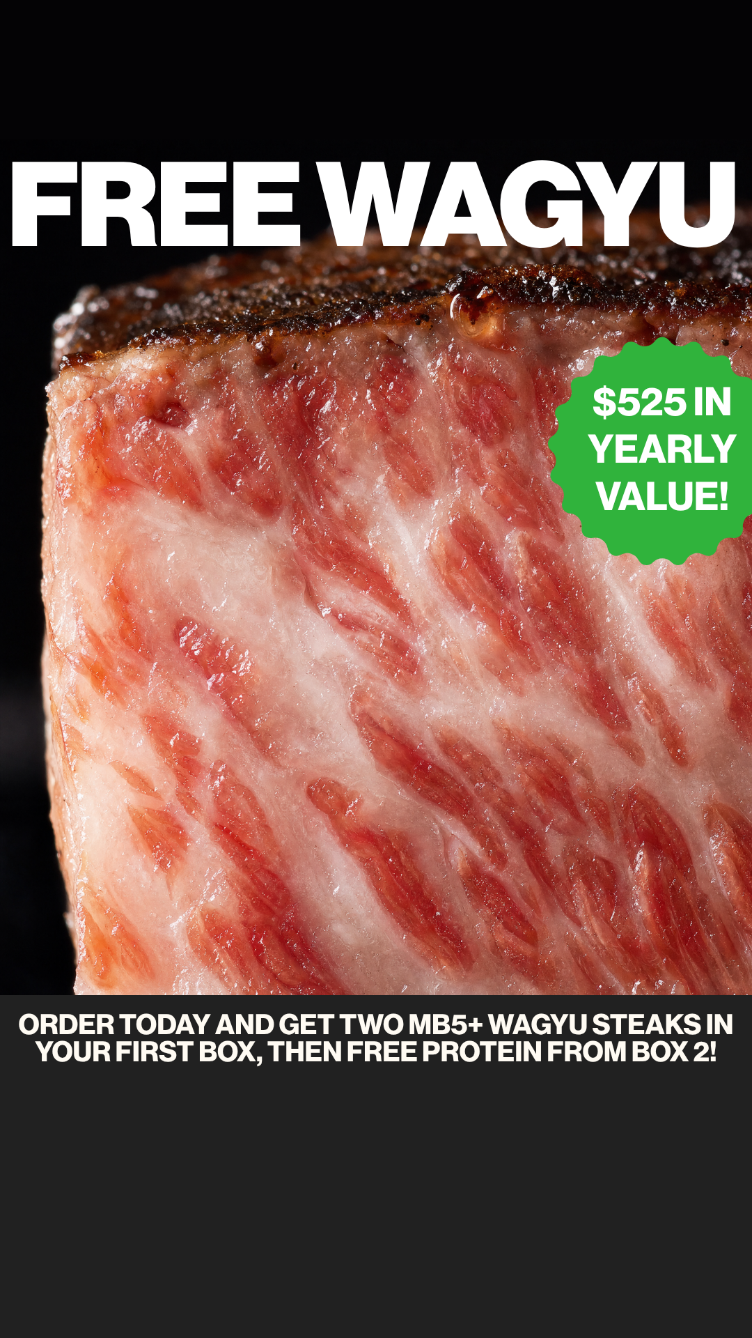 ButcherCrowd Facebook ad: Two free Wagyu steaks in your first box