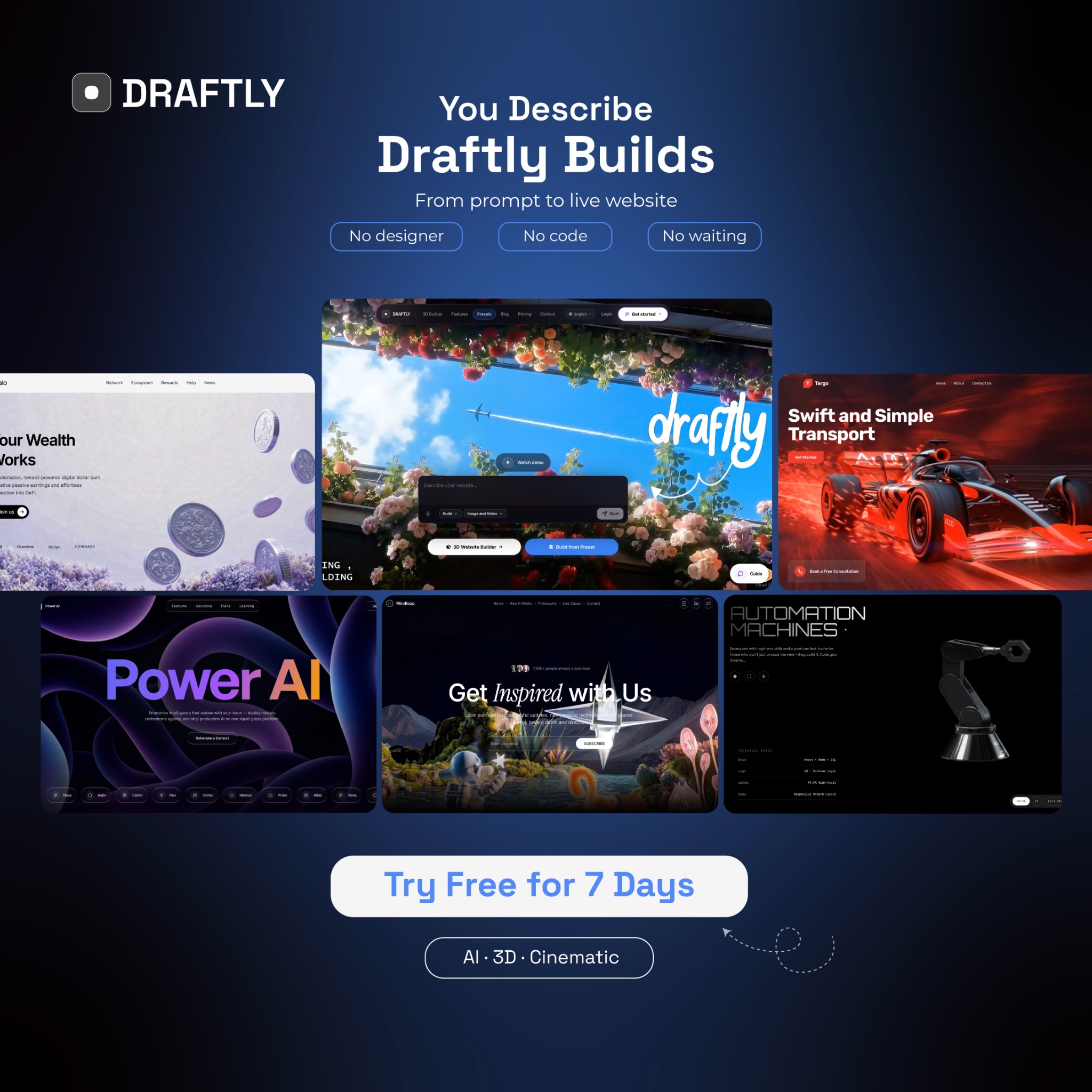 Draftly.space Facebook ad: Build Websites Faster with AI