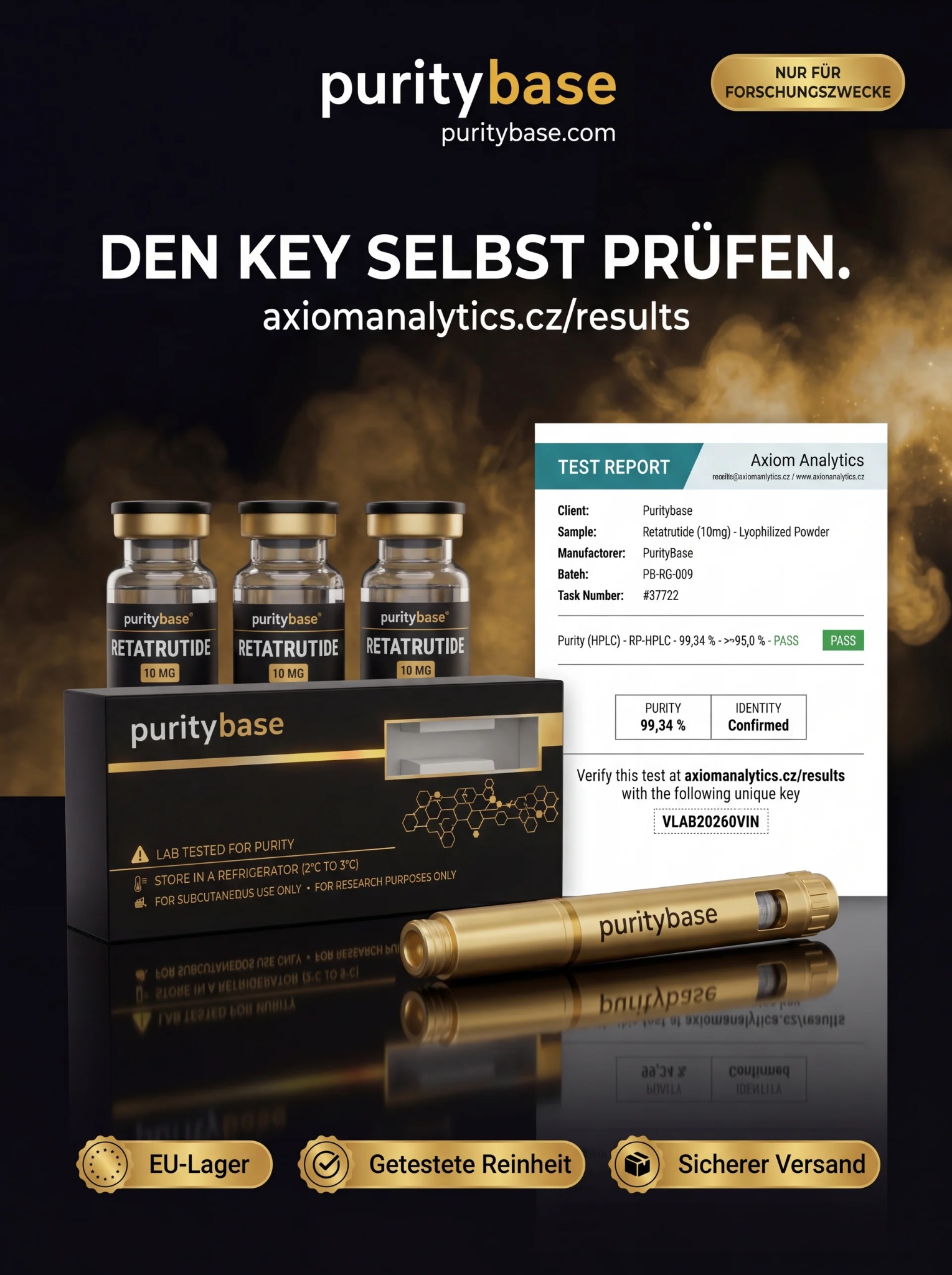 PurityBase Facebook ad: ≥99 % Reinheit. Unabhängig geprüft. Sofort lieferbar
