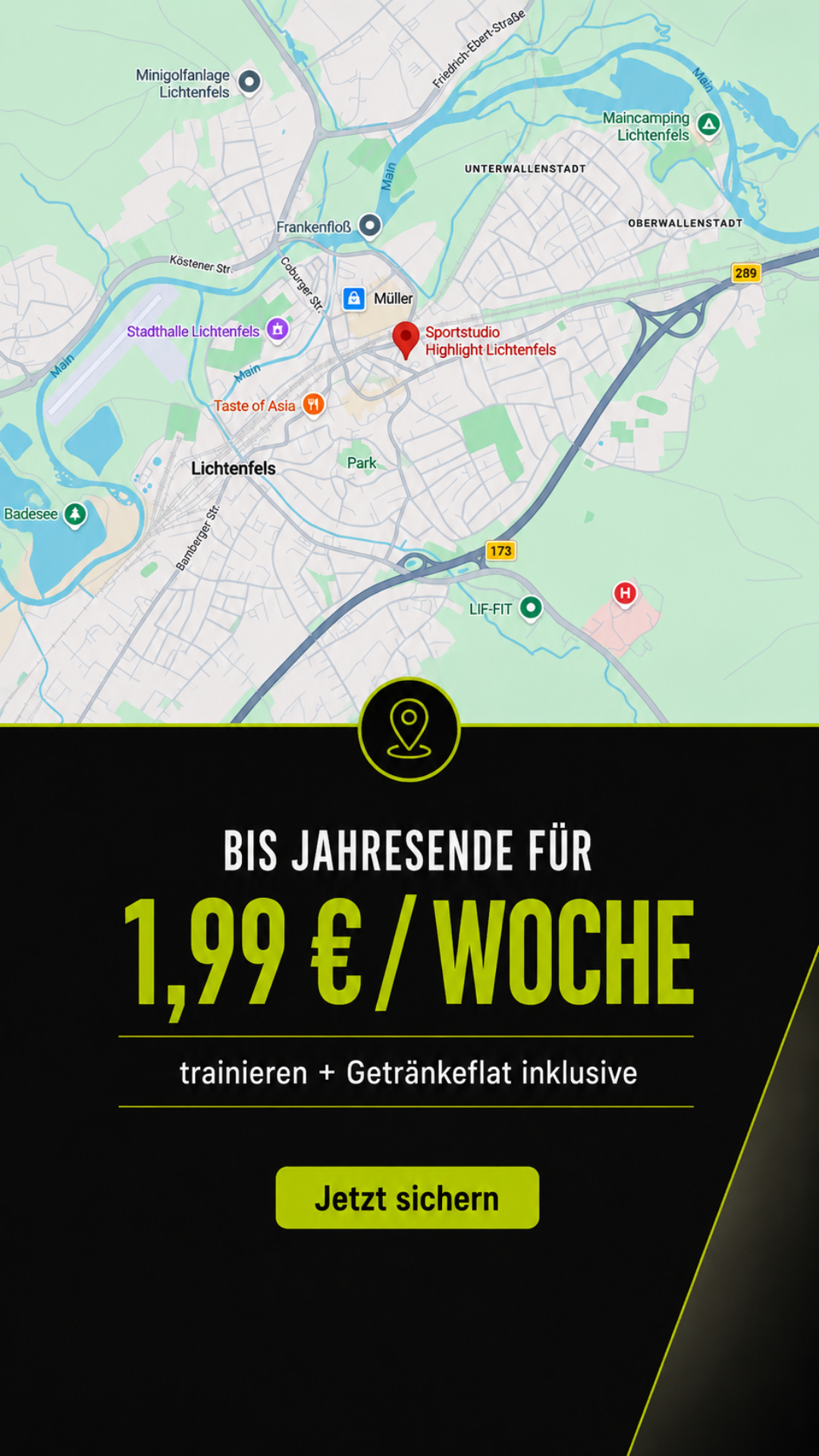 Sportstudio Highlight Facebook ad: 1,99 € / Woche bis Jahresende