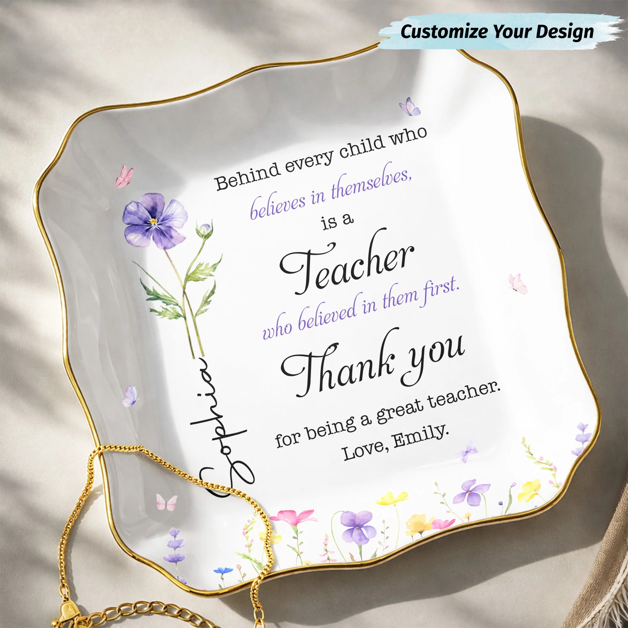 Alma Gems Facebook ad: Custom Birth Flower Jewelry Dish for the Best Teacher Ever!
