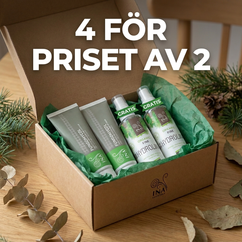 InaEssentials - Webbutik för 100% ekologisk BIO-kosmetika Facebook ad: Köp 2 Fungomycol-krämer, få 2 tallvatten på köpet