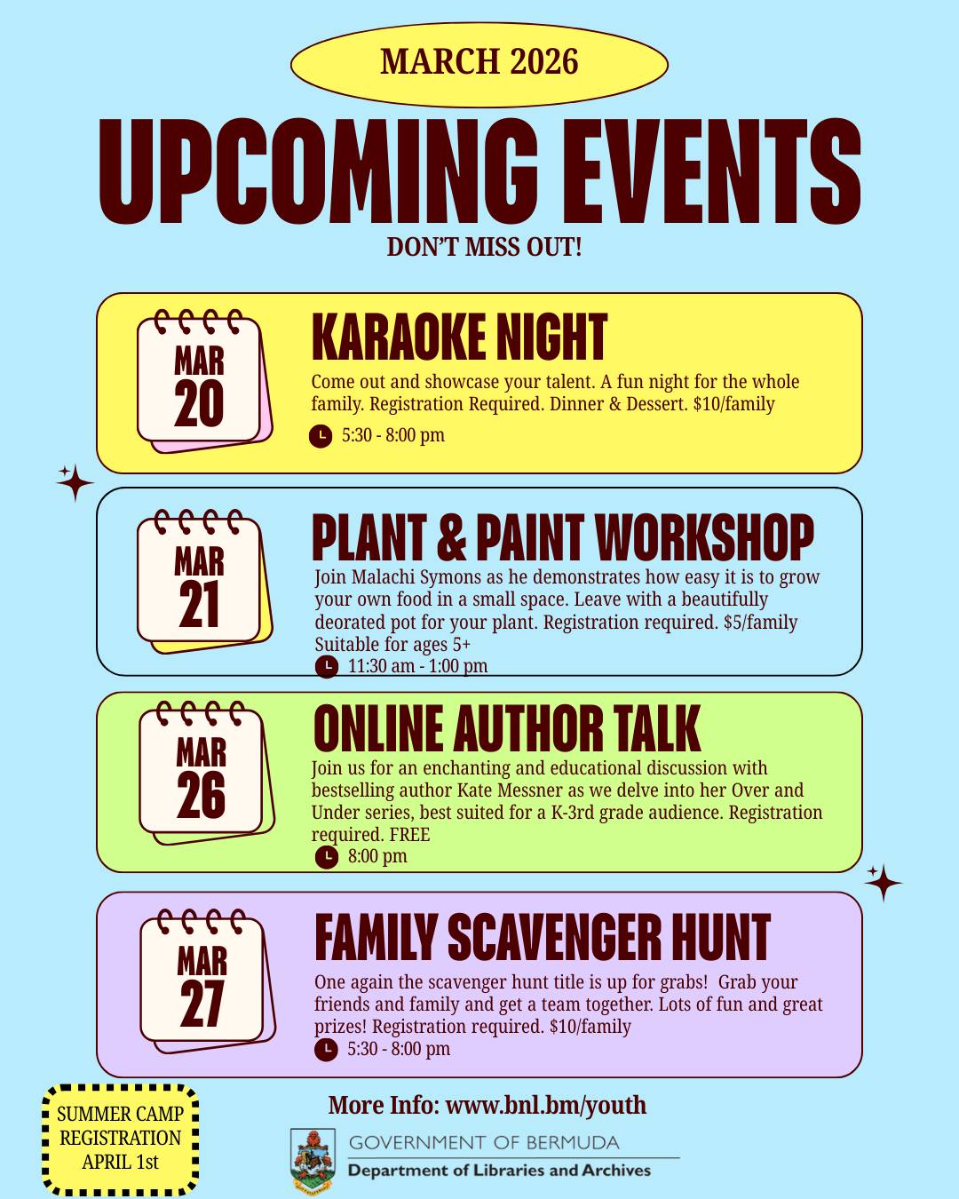 Bermuda National Library, Youth Services Facebook ad: Youth Library events for March 2026.