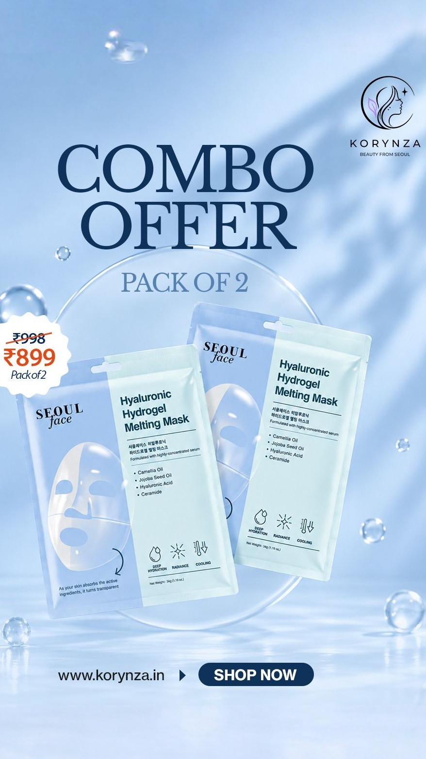 Korynza Facebook ad: Pack of 2 at ₹899 Only Deep Hydration, Instant Glow