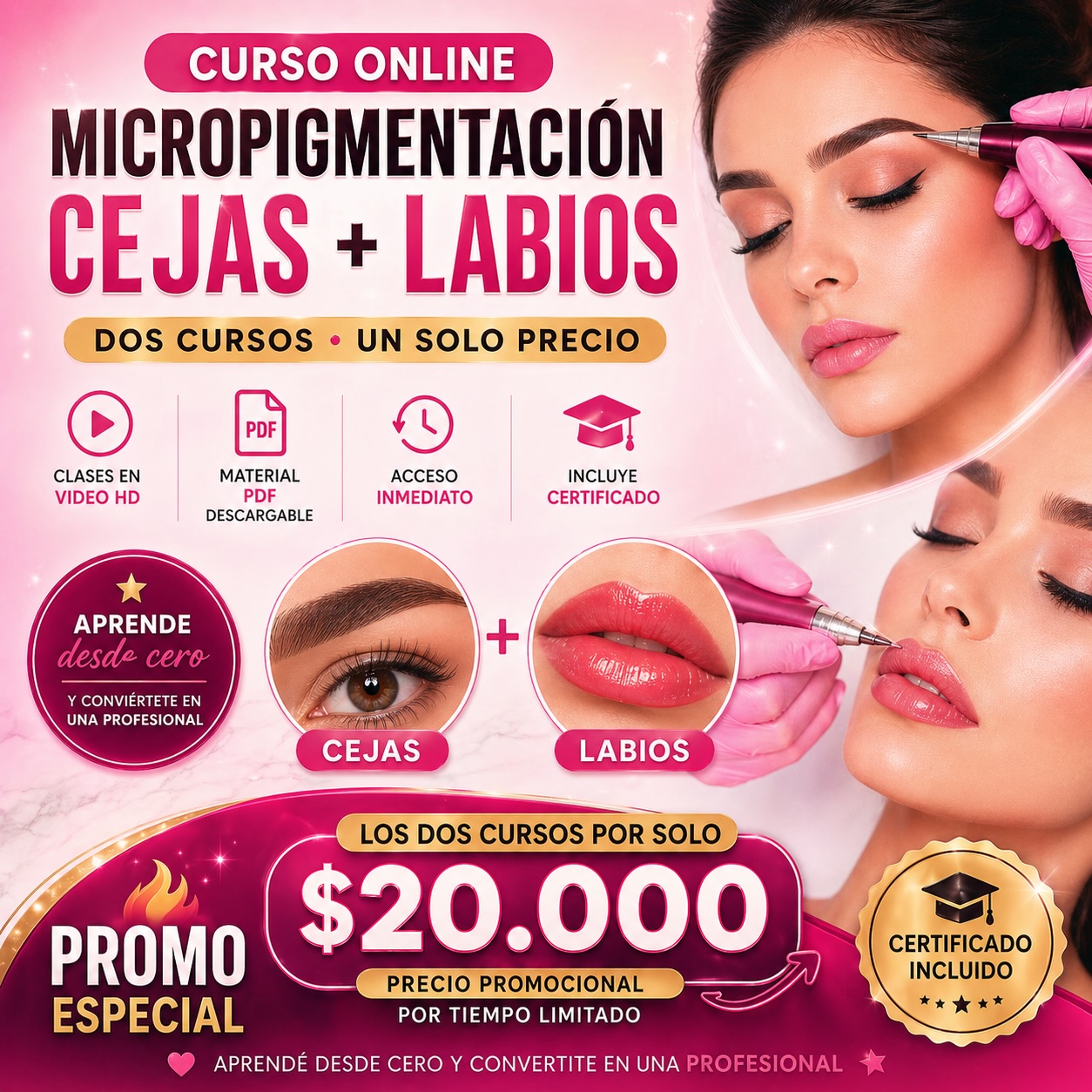 Aprende maquillaje profesional online Facebook ad: Aprendé Micropigmentación de Cejas + Labios desde cero…