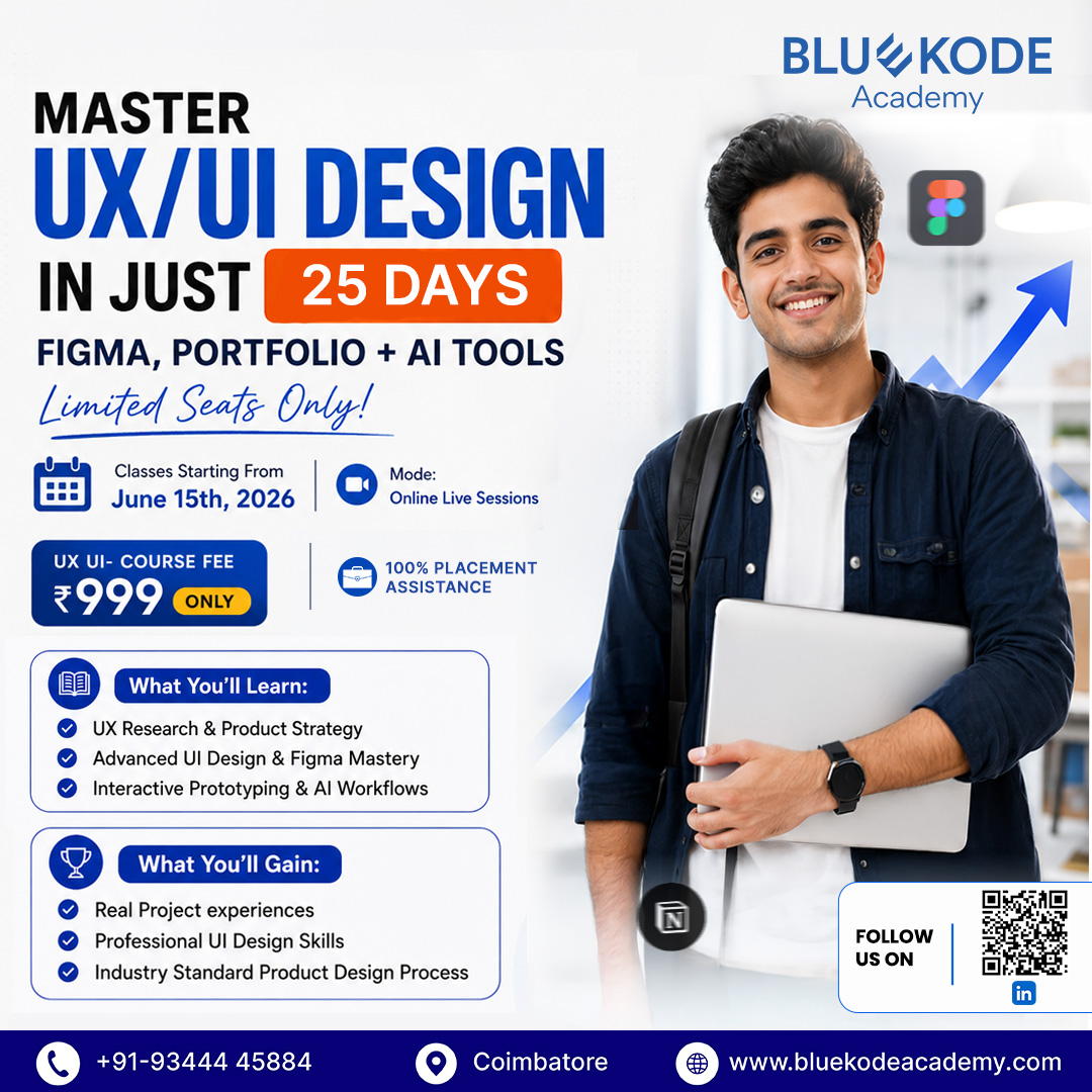 Bluekode Academy Facebook ad: Learn Design. Build Portfolio. Start Your Creative Journey.