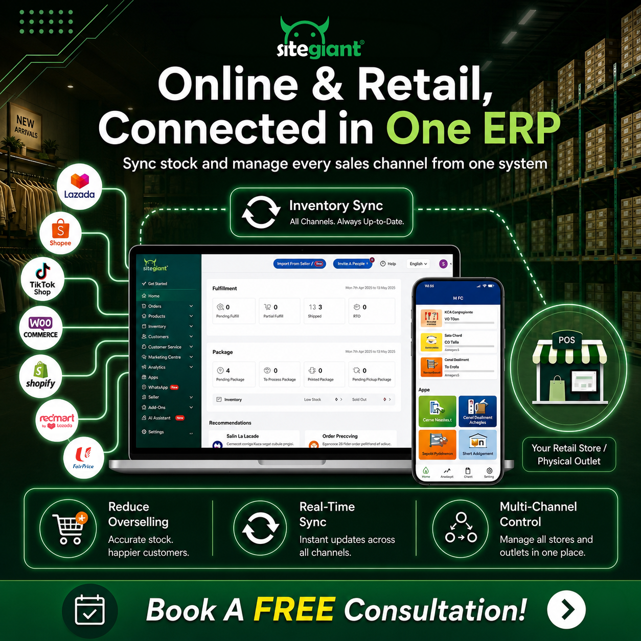 SiteGiant Singapore Facebook ad: Manage Online & Retail Stock in One Dashboard