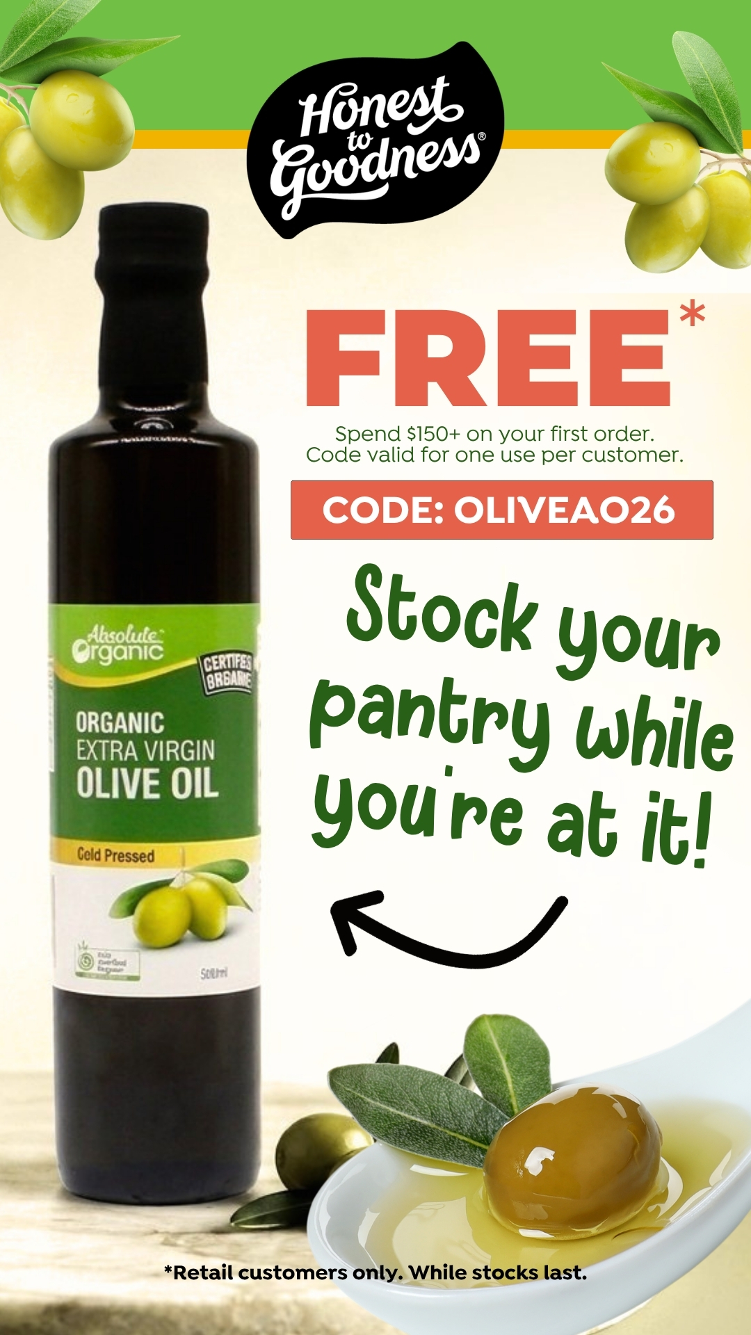 Honest to Goodness Facebook ad: Free olive oil on orders $150+