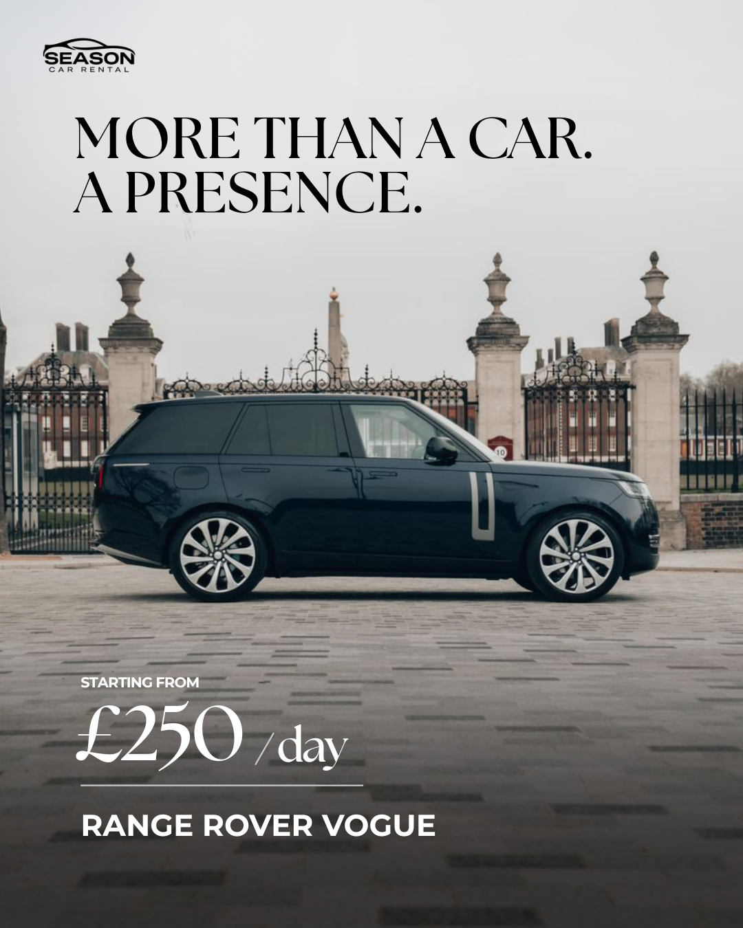 Season Car Rental Facebook ad: Hire Range Rover Vogue from £250/Day