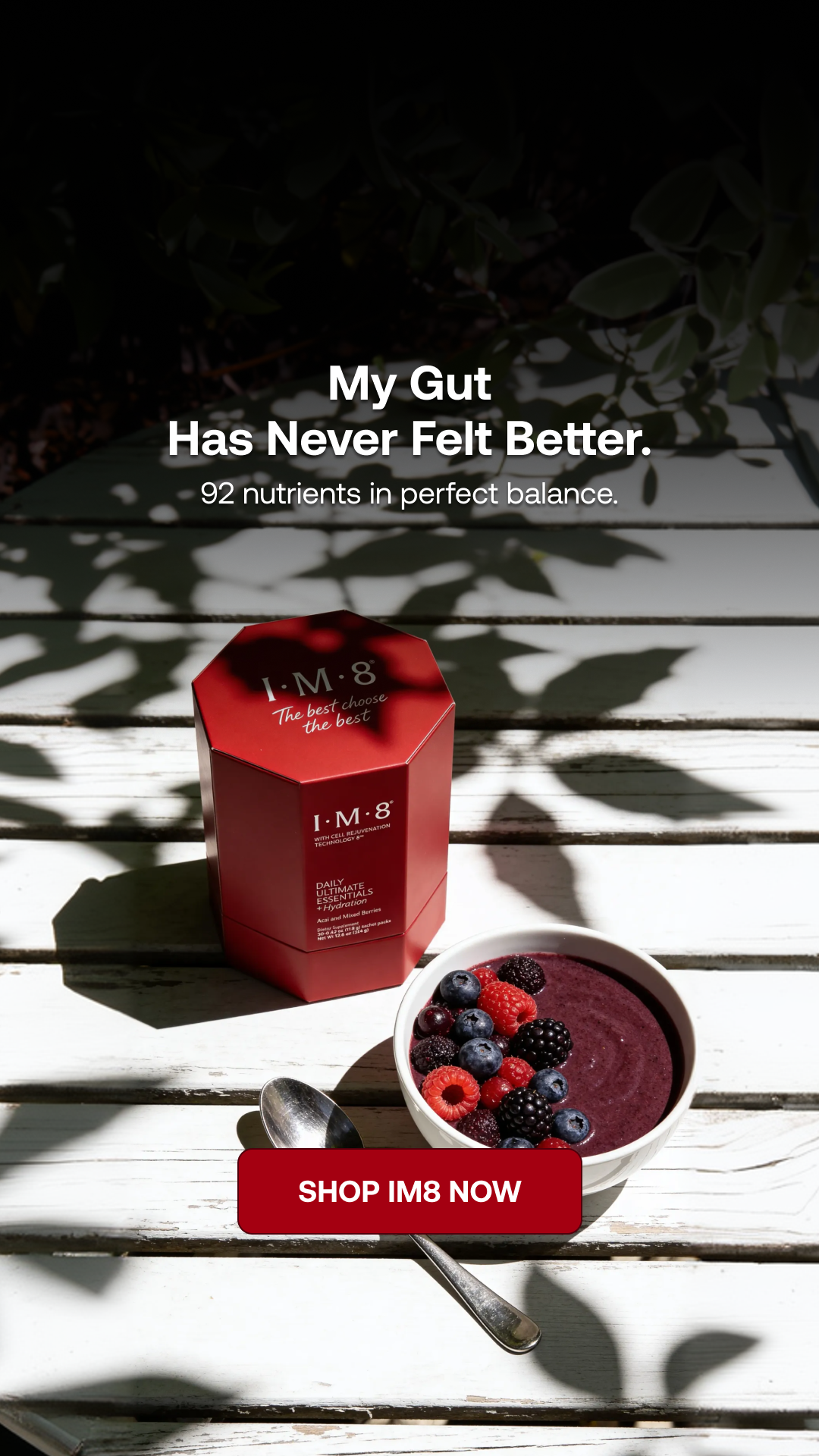 IM8 Facebook ad: One Scoop. 16 Supplements. Zero Guesswork.