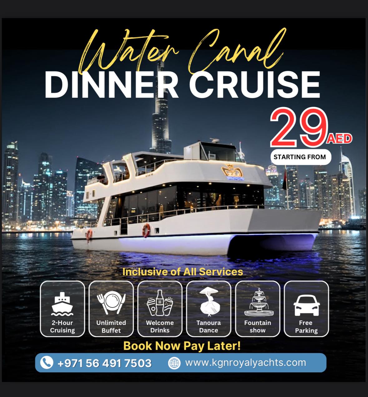 KGN Royal Yachts Facebook ad: Book now: +971564917503