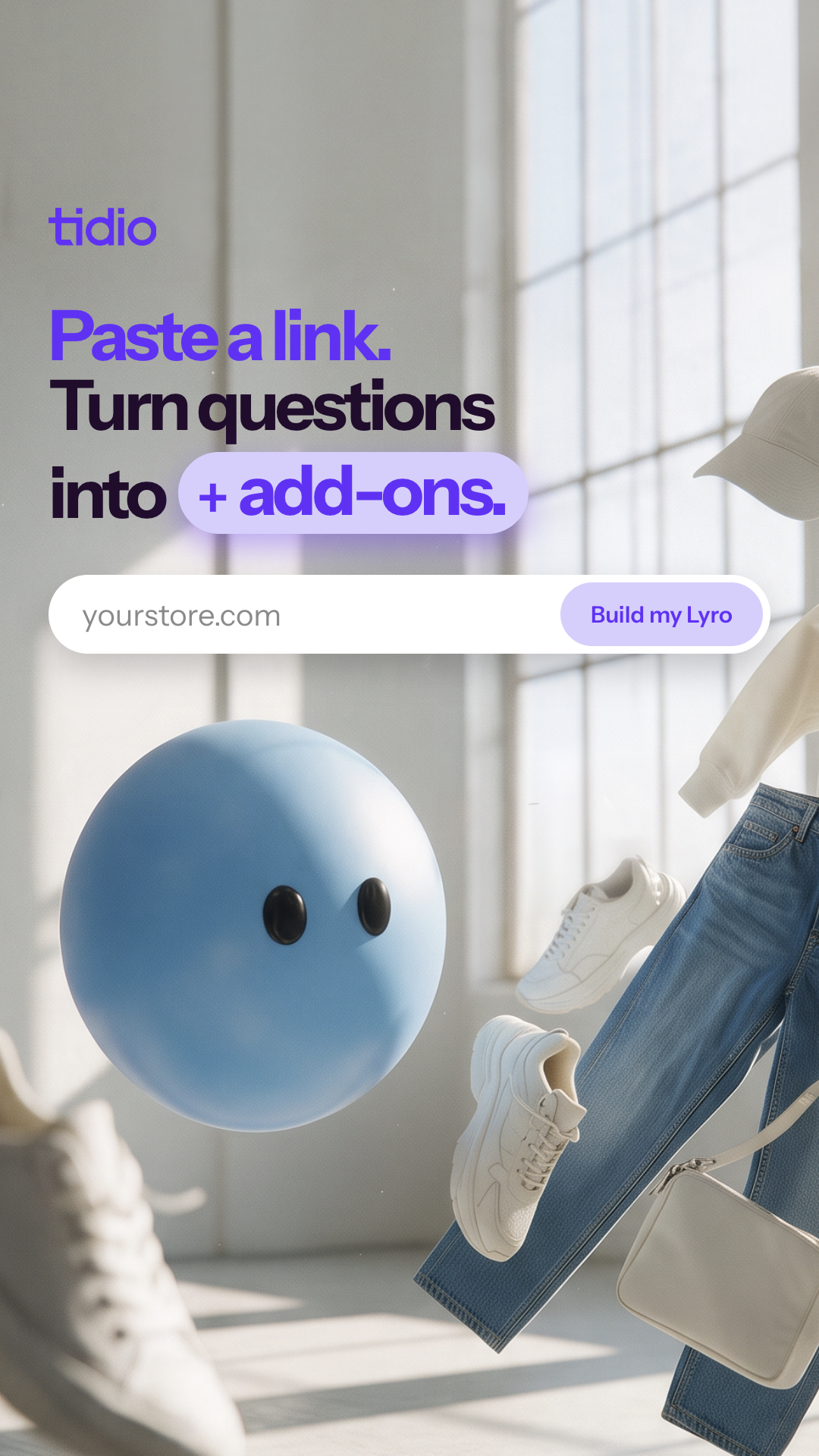 Tidio Facebook ad: Your Store URL. Your First Flow.