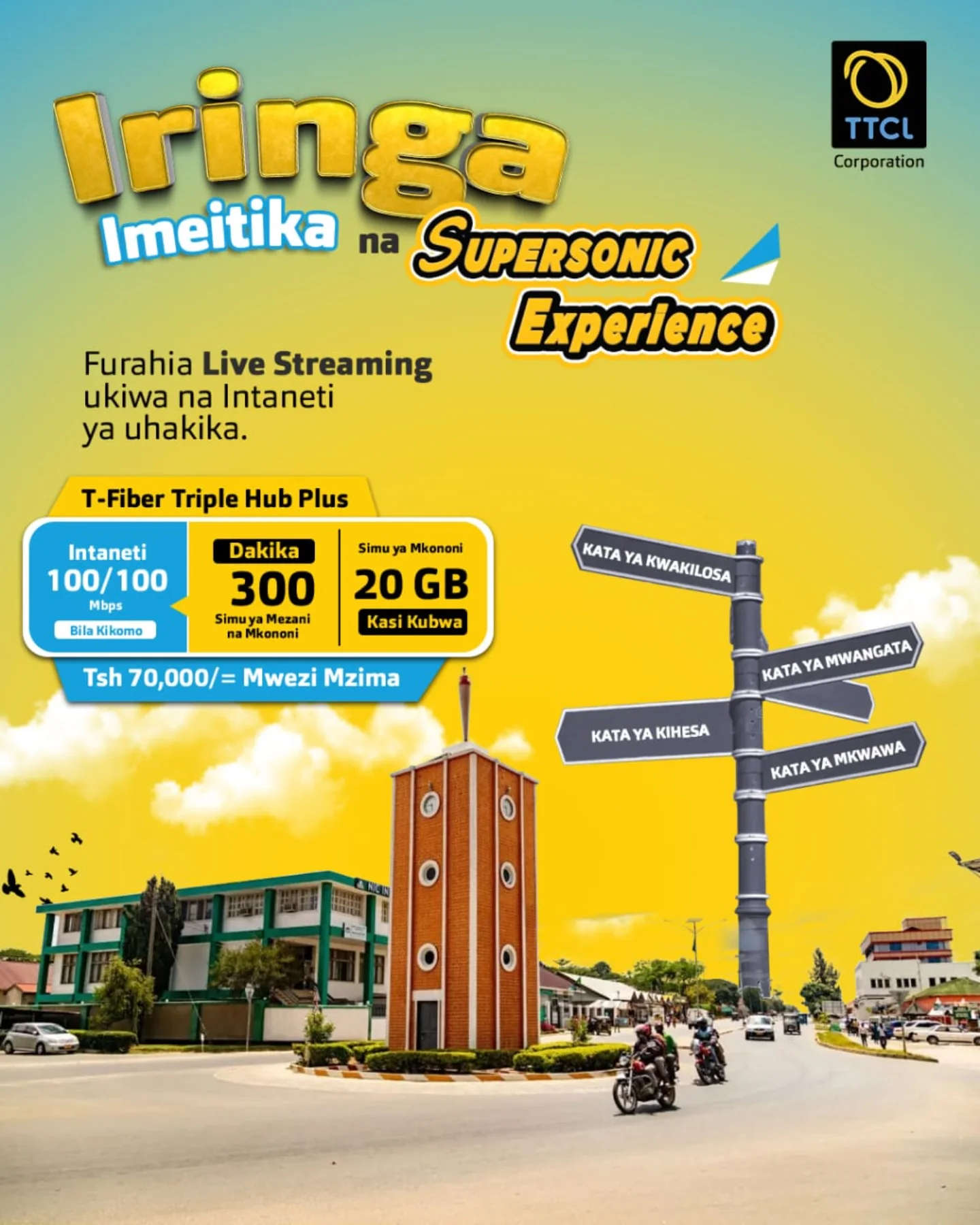 TTCL Corporation Facebook ad: Iringa Imeitika na TTCL Faiba Mlangoni Kwako.