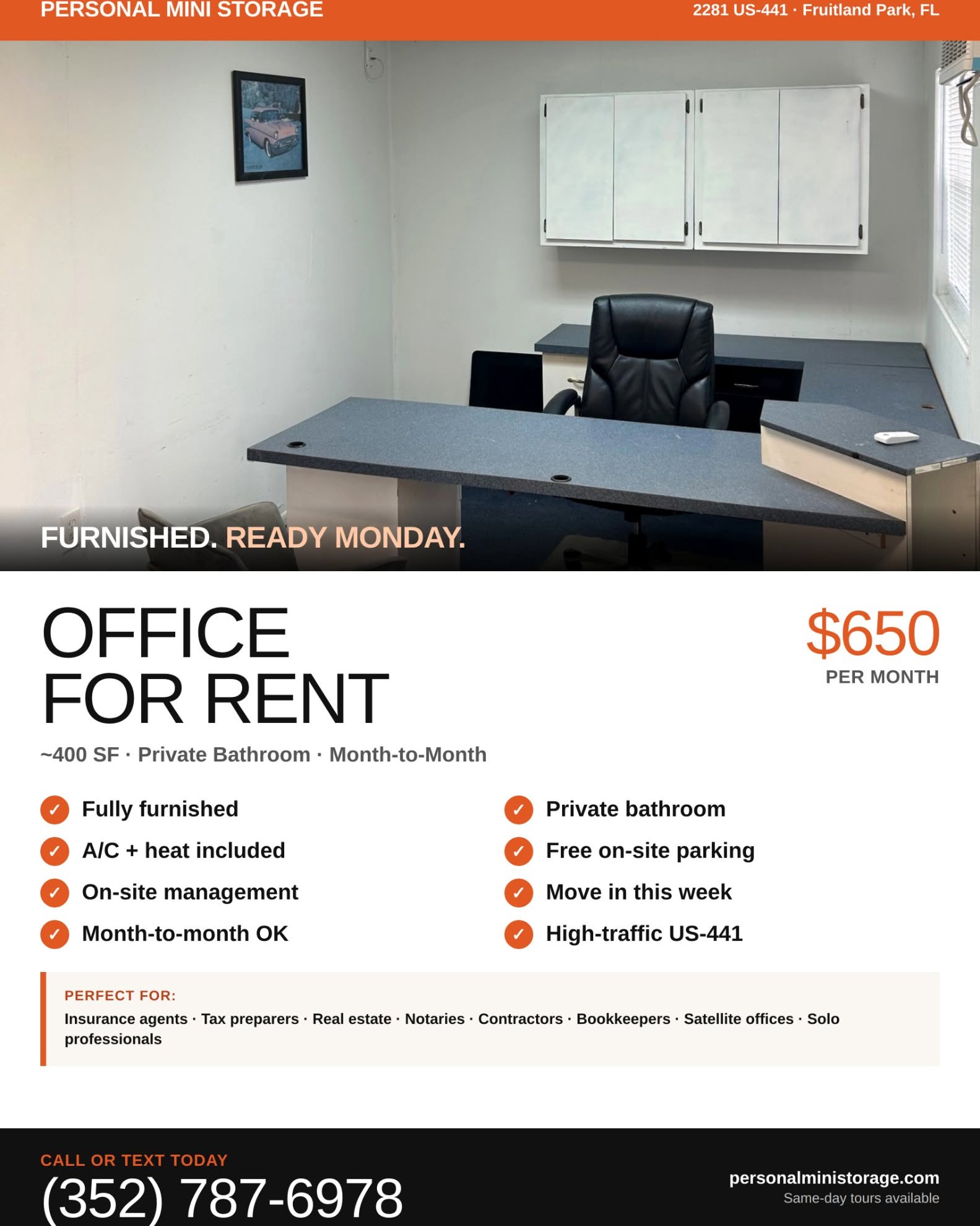 Jake Smith Facebook ad: Furnished Office for Rent, Fruitland Park / US-441…
