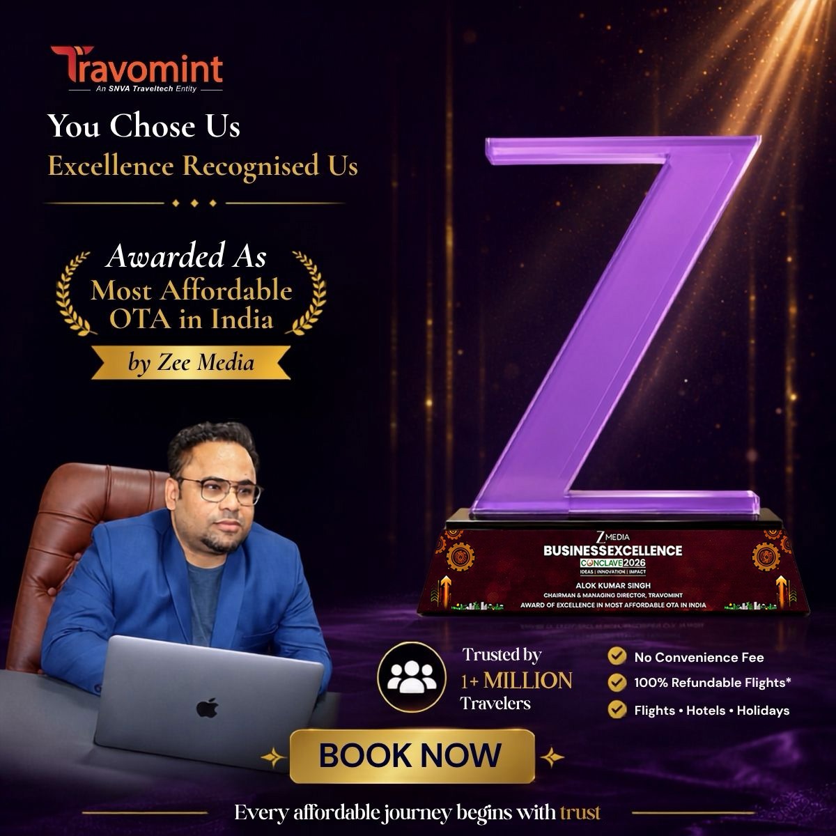 Travomint Facebook ad: Join 1M+ & Book 100% Refundable Flights