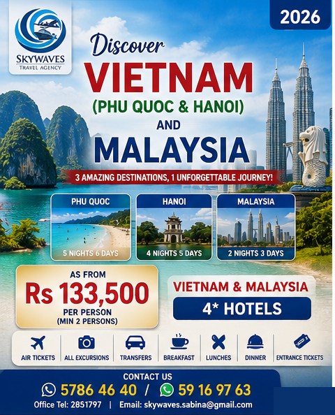 Skywaves Travel Mauritius Facebook ad: DISCOVER VIETNAM (PHU QUOC & HANOI) AND MALAYSIA…