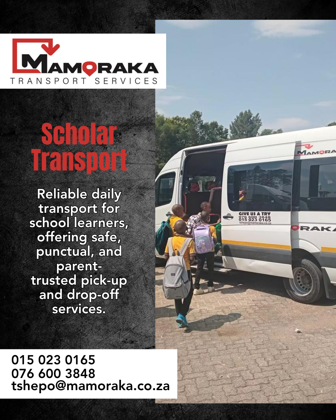 Mamoraka Transport Services Facebook ad: Looking for safe, reliable school transport?