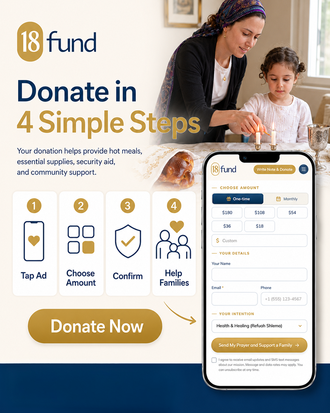 18Fund - Jewish Charity Organization Facebook ad: You're Just One Step Away