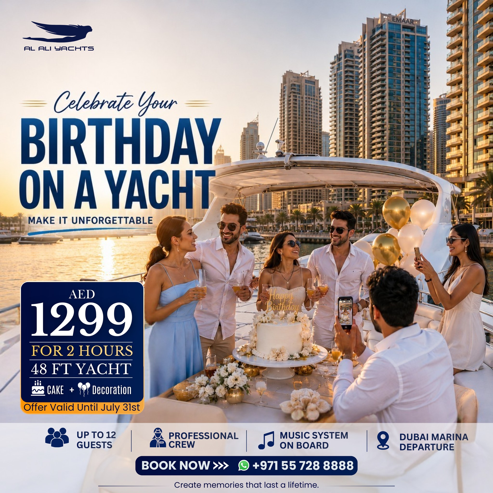 Al Ali Yachts Facebook ad: Birthday Yacht Package from AED 1299