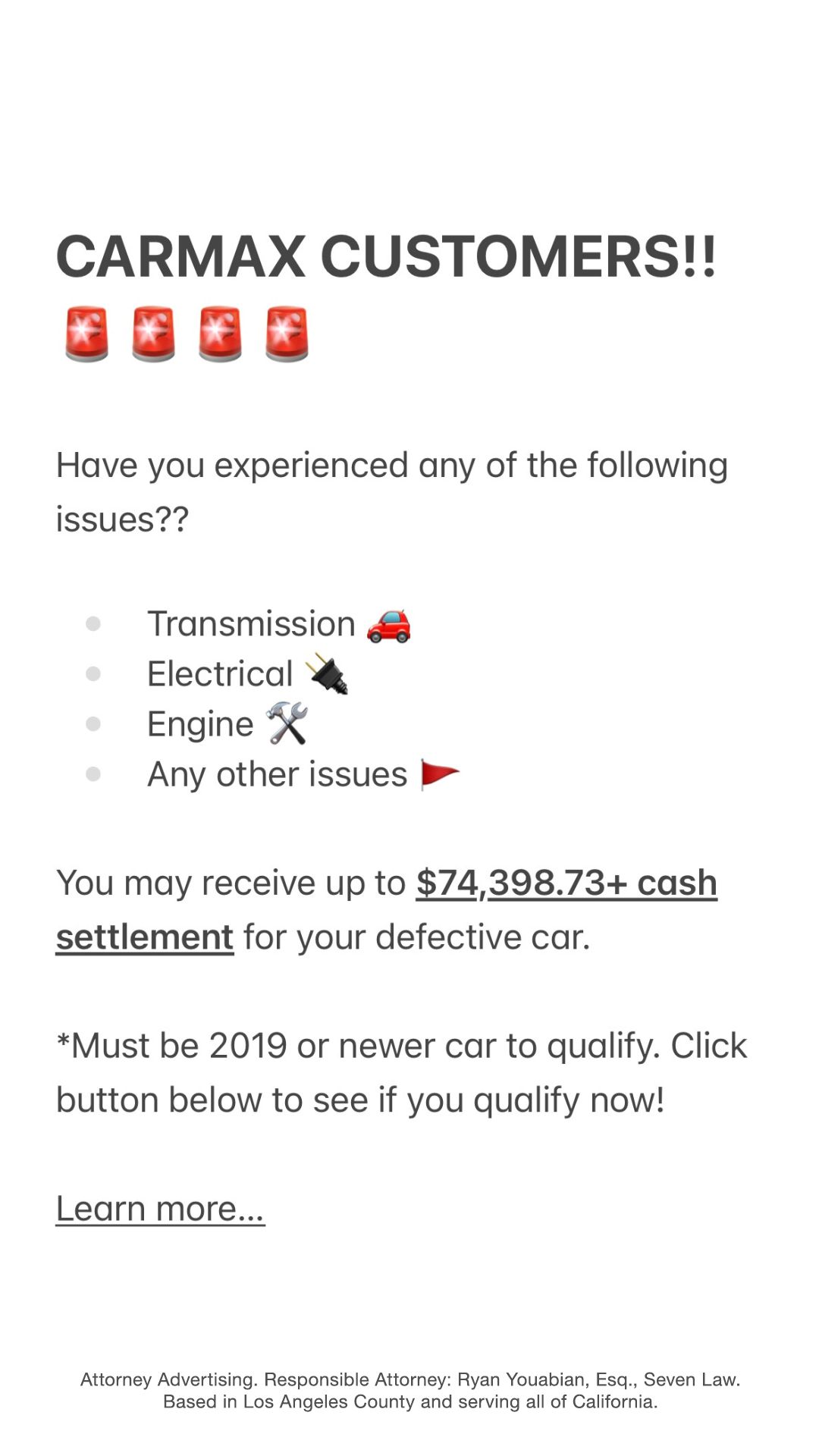 Seven Law Group, APC - Lemon Law Lawyers Facebook ad
