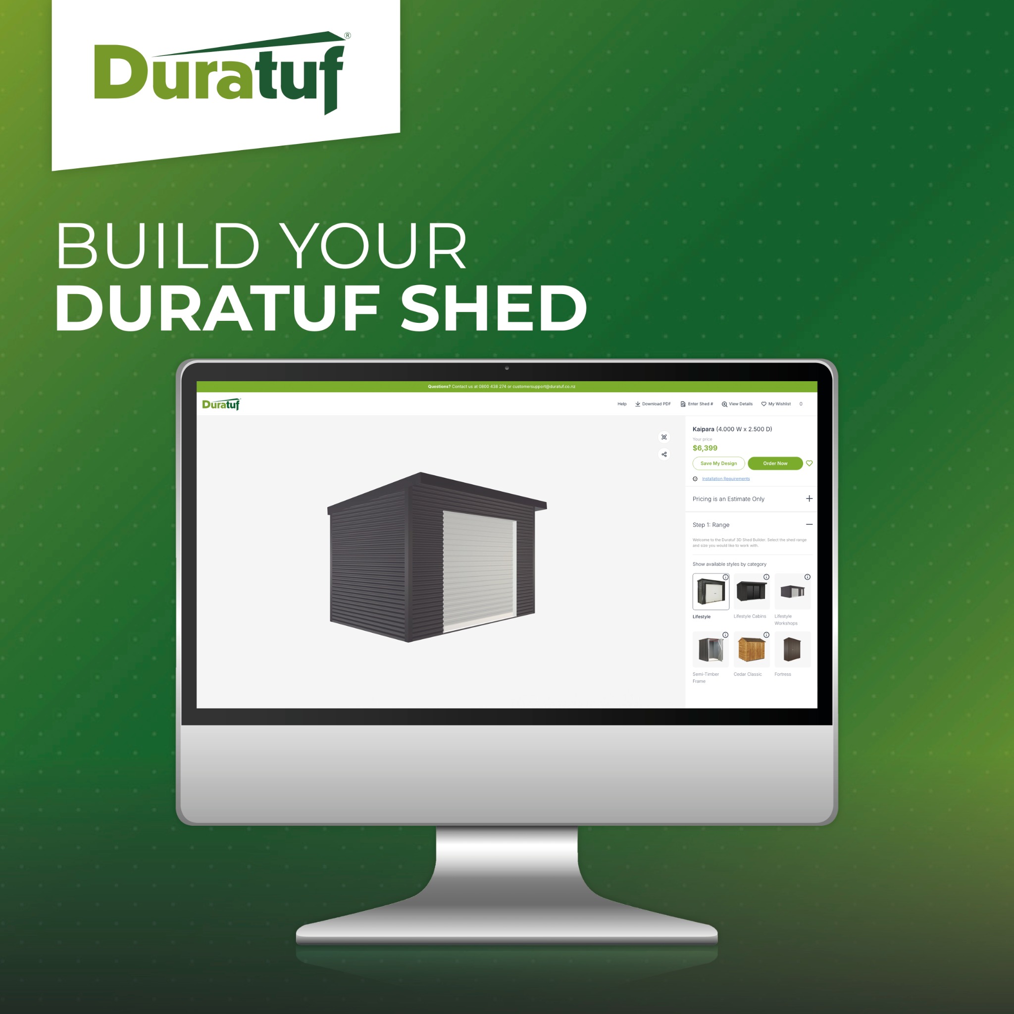 Duratuf Facebook ad: Duratuf kitset sheds = strong, stylish, easy storage.