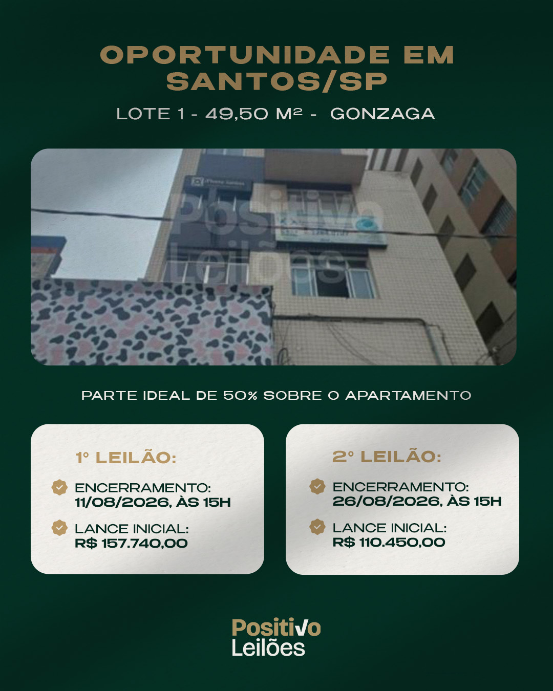 Positivo Leilões Facebook ad: Três oportunidades de investimento em Santos/SP.