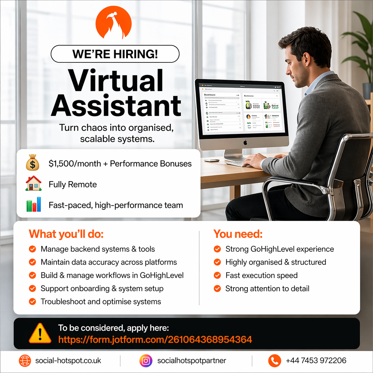 Social-Hotspot Facebook ad: Virtual Assistant Wanted, Full-Time Role