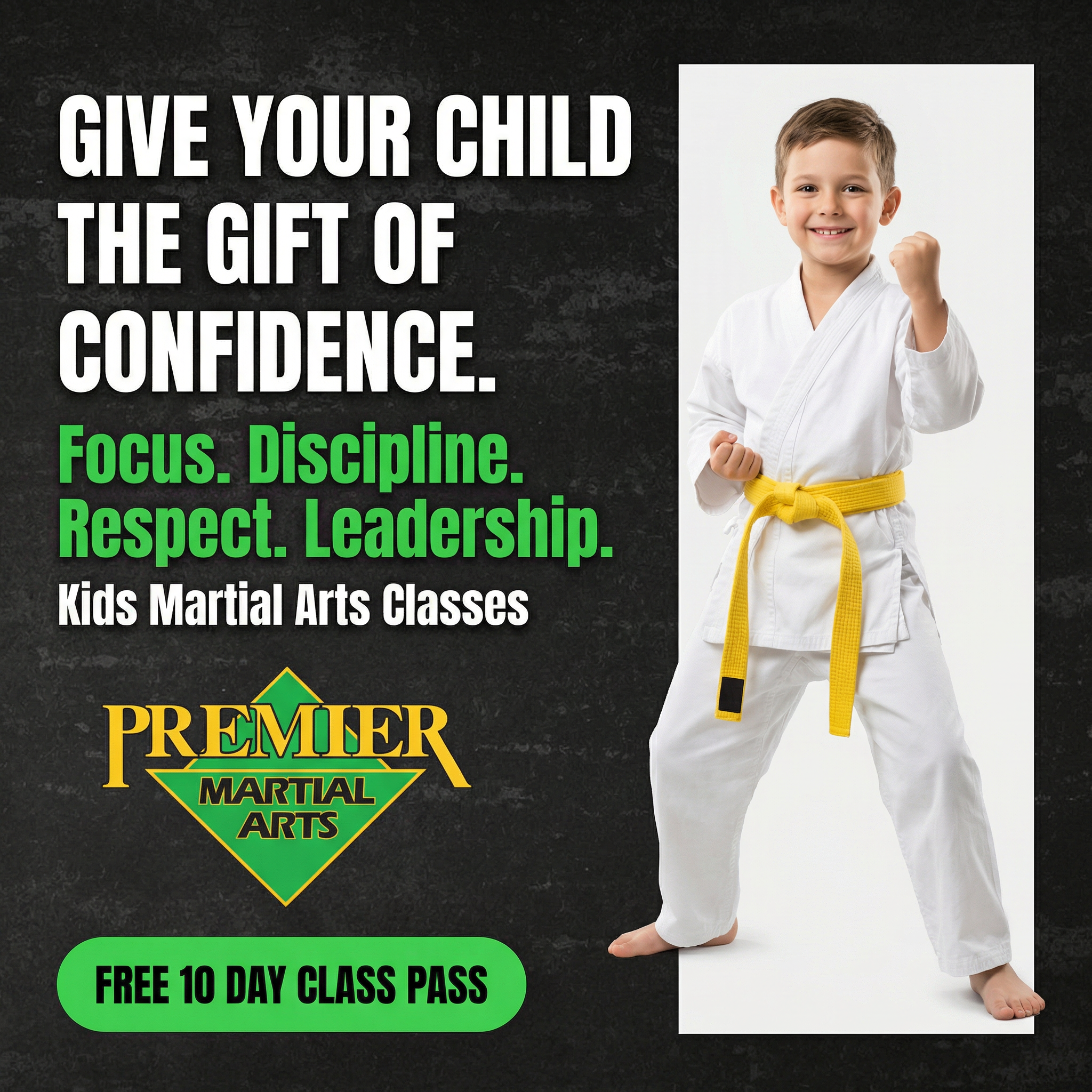 Premier Martial Arts, Glendale AZ Facebook ad: Want a FREE 10-Day, Kids Martial Arts Class Pass?