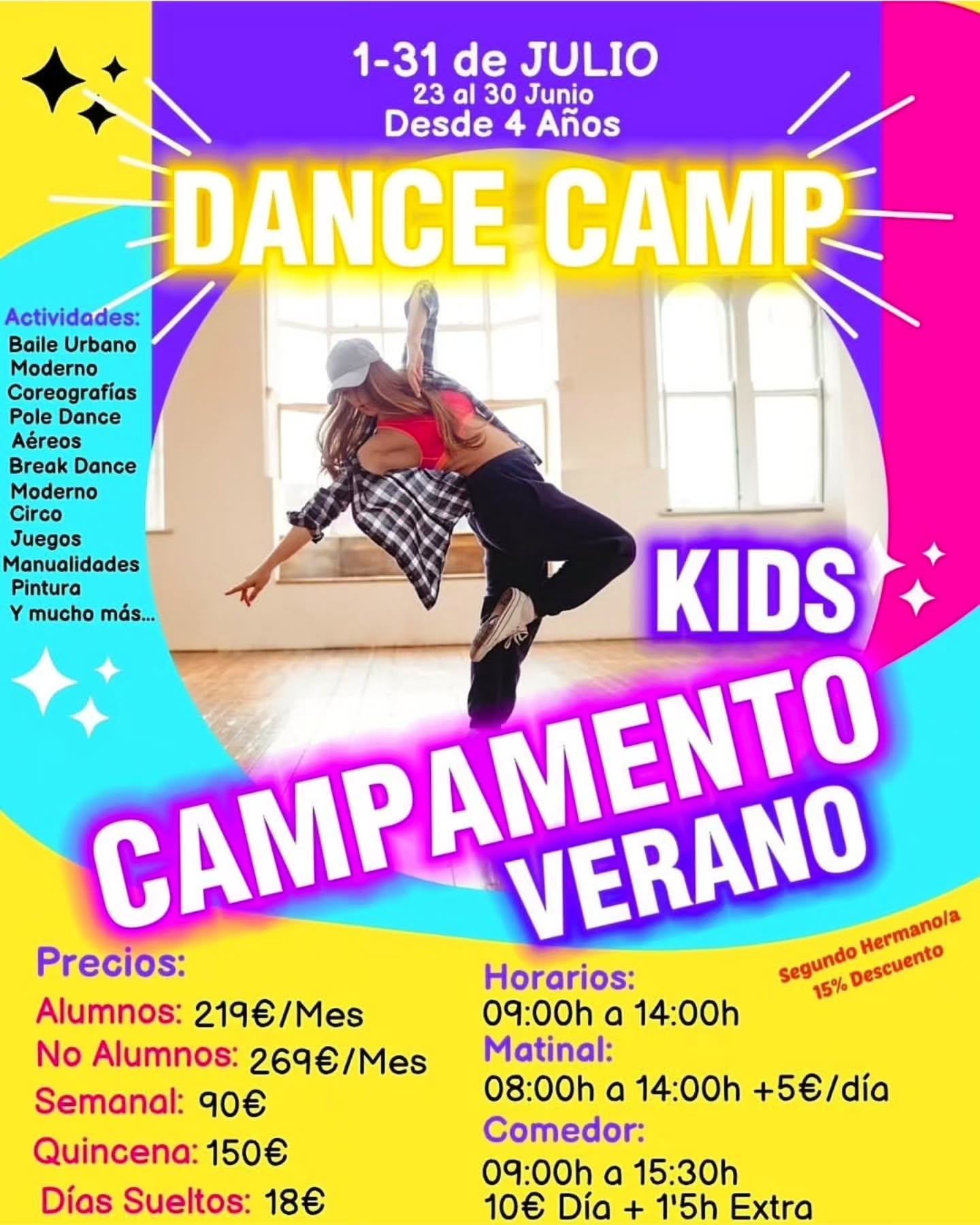 The Space Dance Studios Facebook ad: Campamento de Verano en Julio desde 4 años…