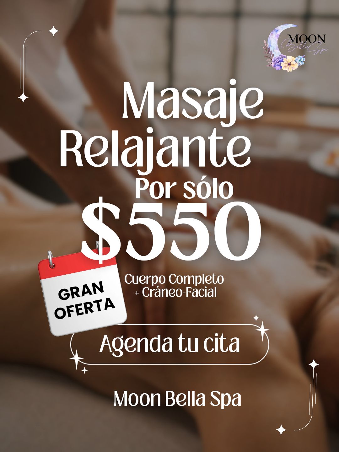 Moon Bella Spa Facebook ad: Necesitas un Respiro, liberar tensión de la rutina…