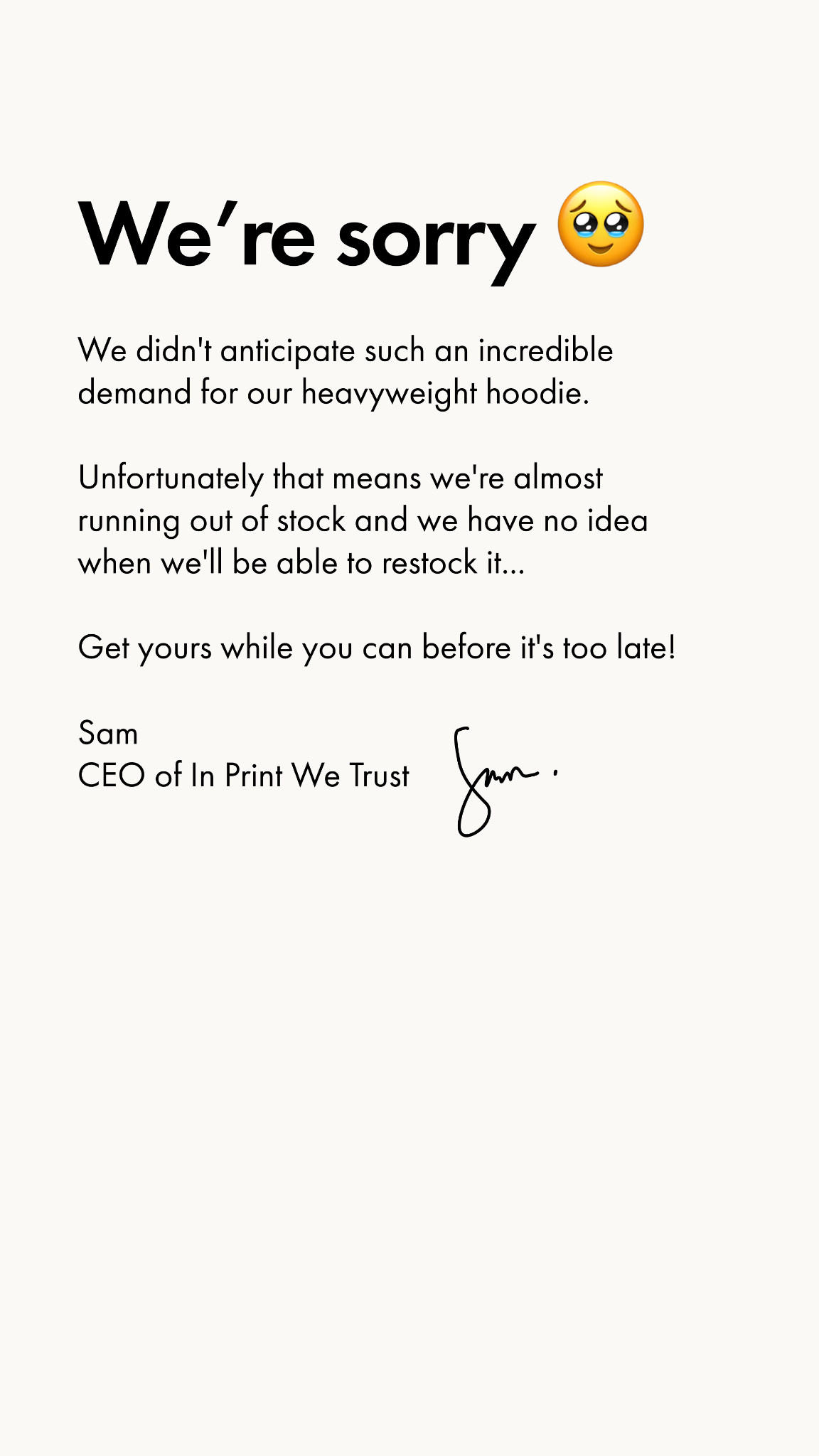 In Print We Trust Facebook ad: Just Restocked After 4 Months