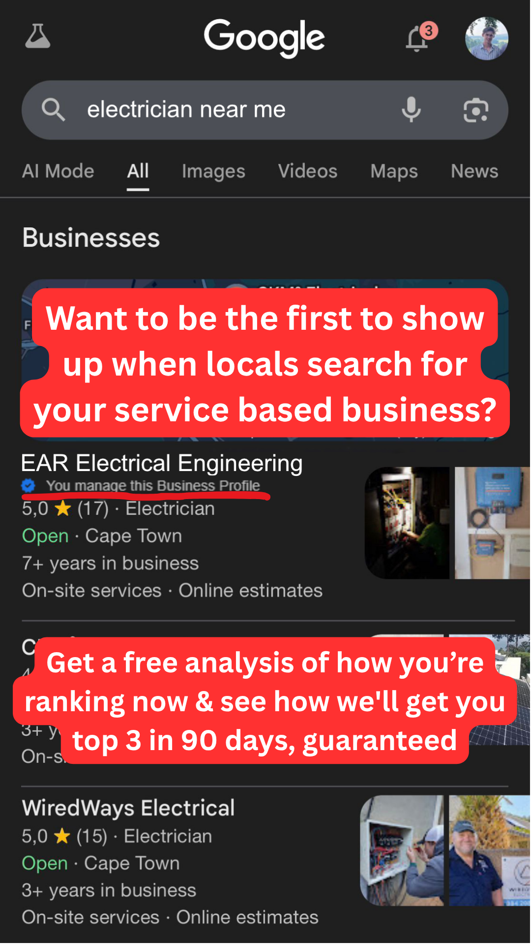 Aoautomations Facebook ad: We'll rank you in the top 3 in 90 days