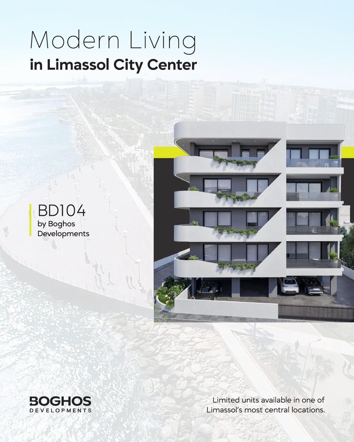 Boghos Developments Facebook ad: Modern living in Limassol city center.