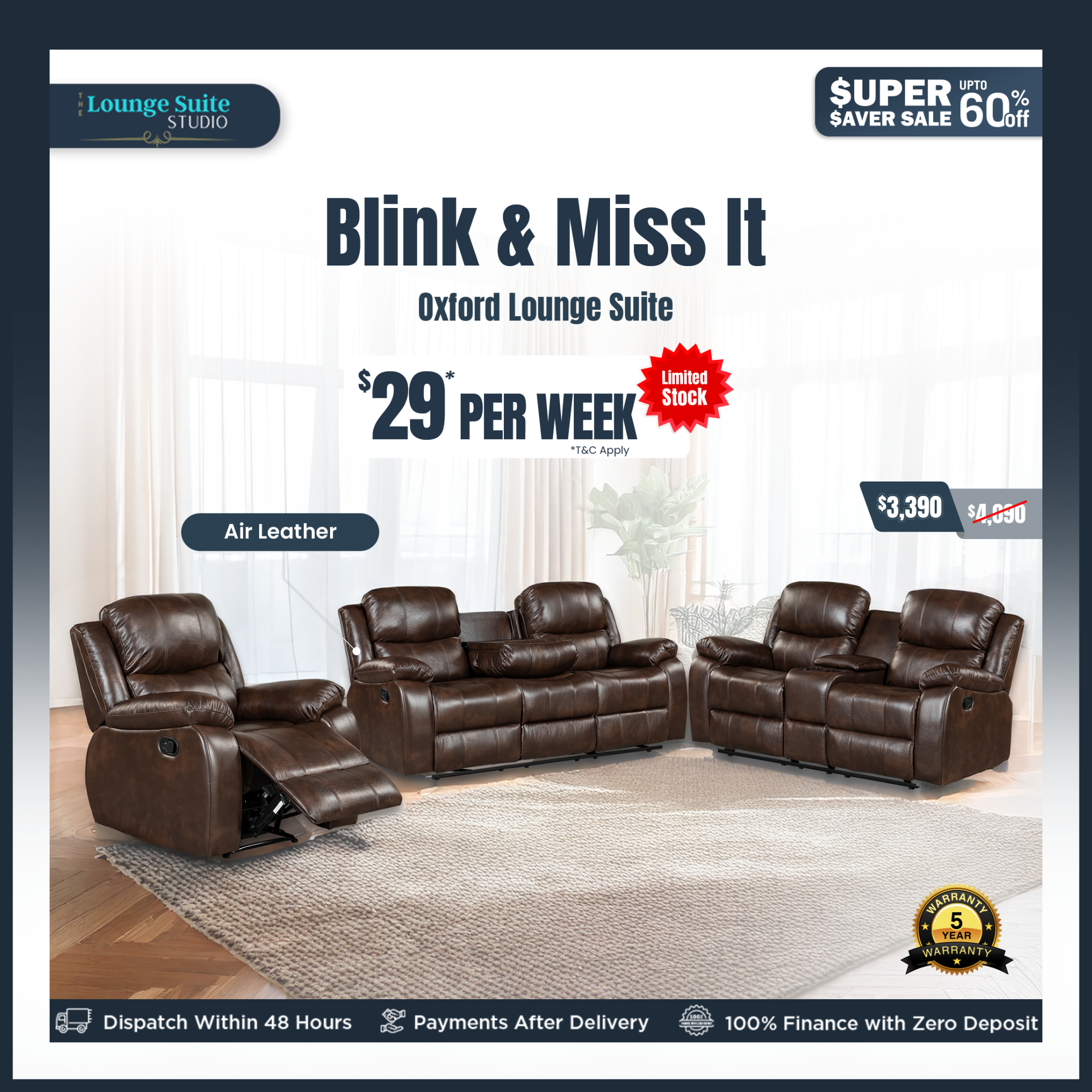 The Lounge Suite Studio Facebook ad: Super Saver Sale | Upto 60% Off | Buy Now