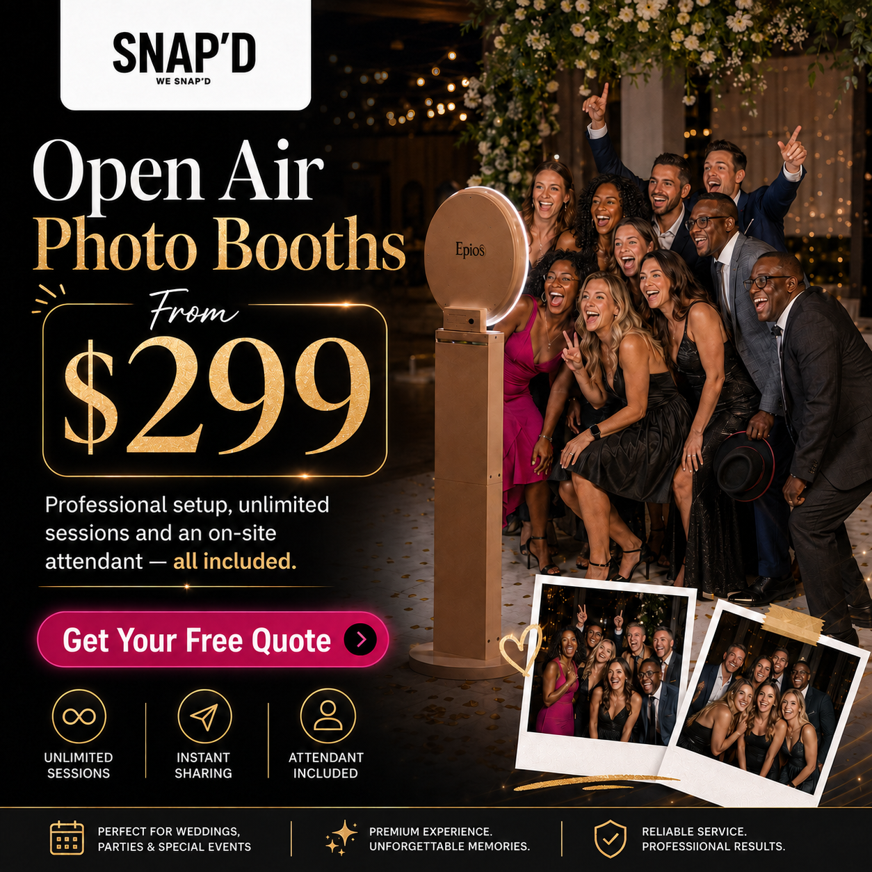 Snap’d - Photo-Booth Rental Facebook ad: Book This Week, Save 20%