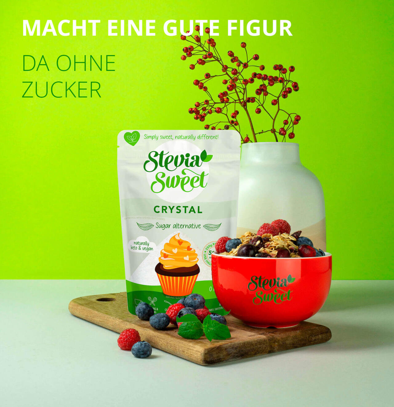 SteviaSweet Schweiz Facebook ad: Müesli, Kafi, Beeri, und die perfekt Süessi ohni…
