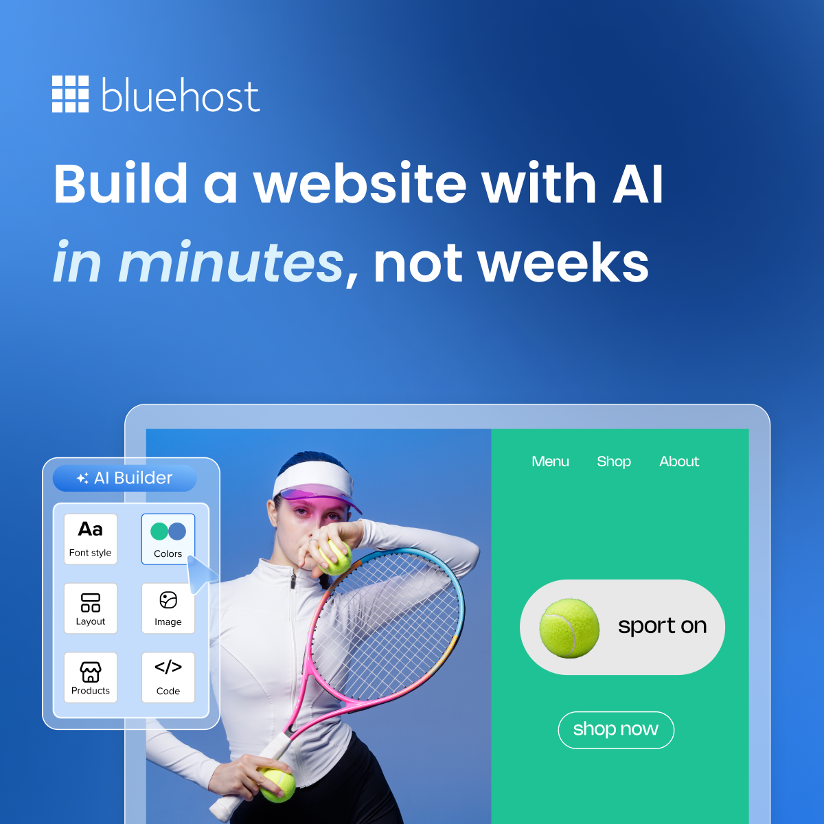 Bluehost Facebook ad: Free for 14 days: build your site, no coding needed
