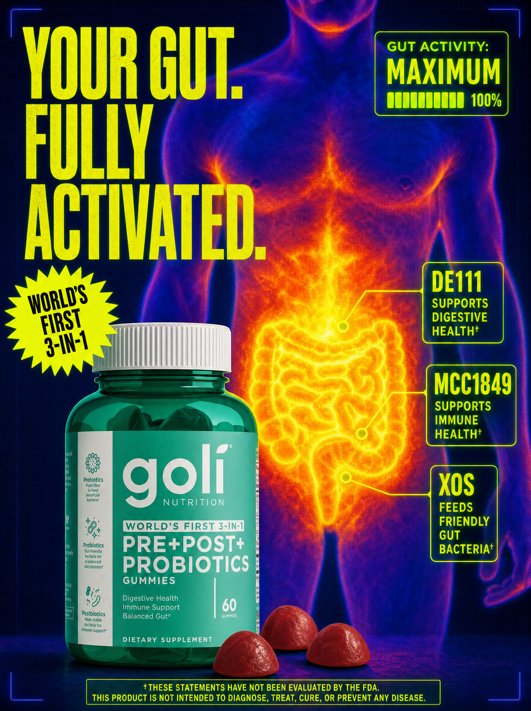 Goli Facebook ad: Three Biotics. One Gummy. World's First.