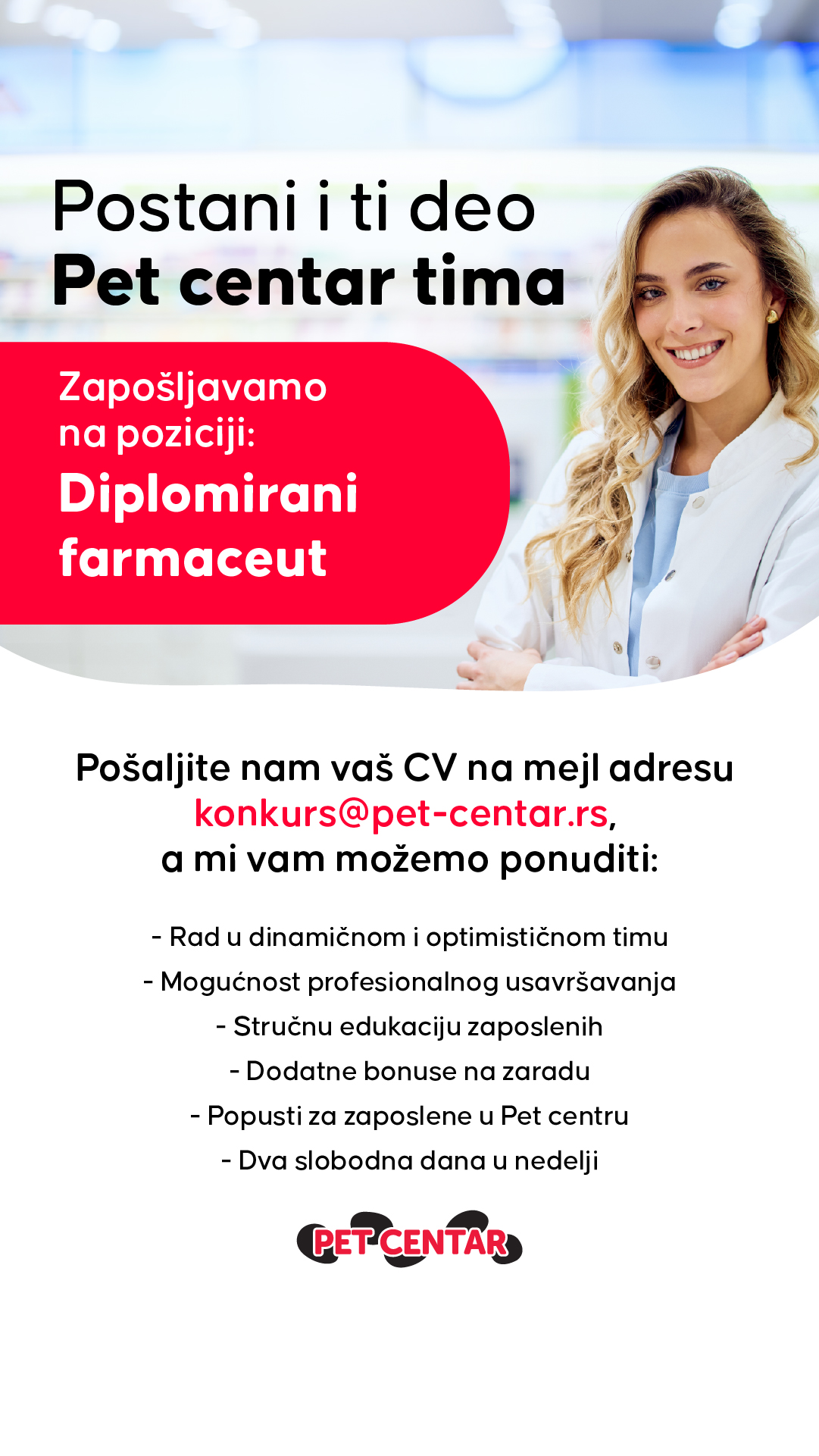 PET CENTAR Srbija Facebook ad: Tražimo farmaceuta!