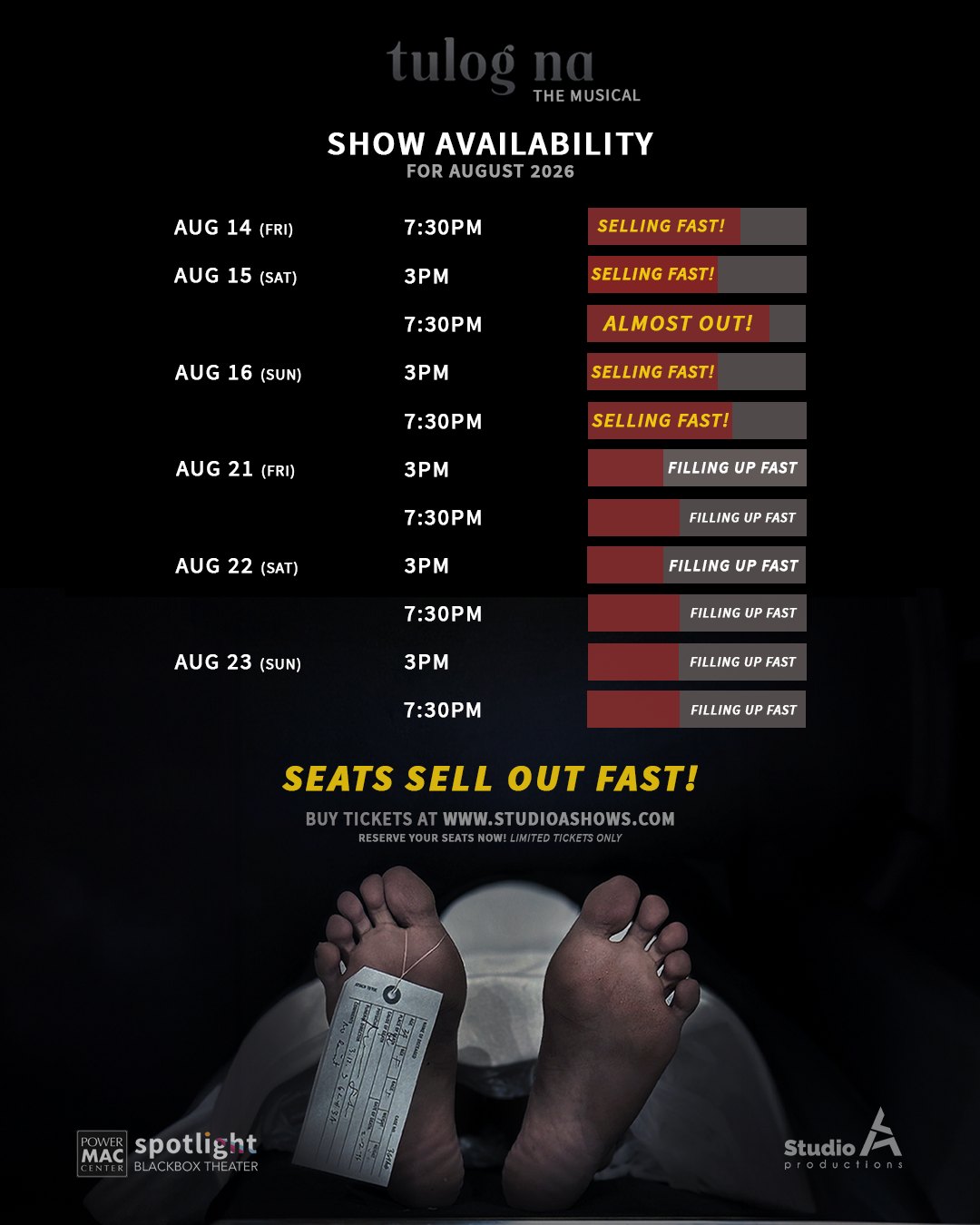 Studio A Productions Facebook ad: SEATS ARE SELLING OUT FAST!