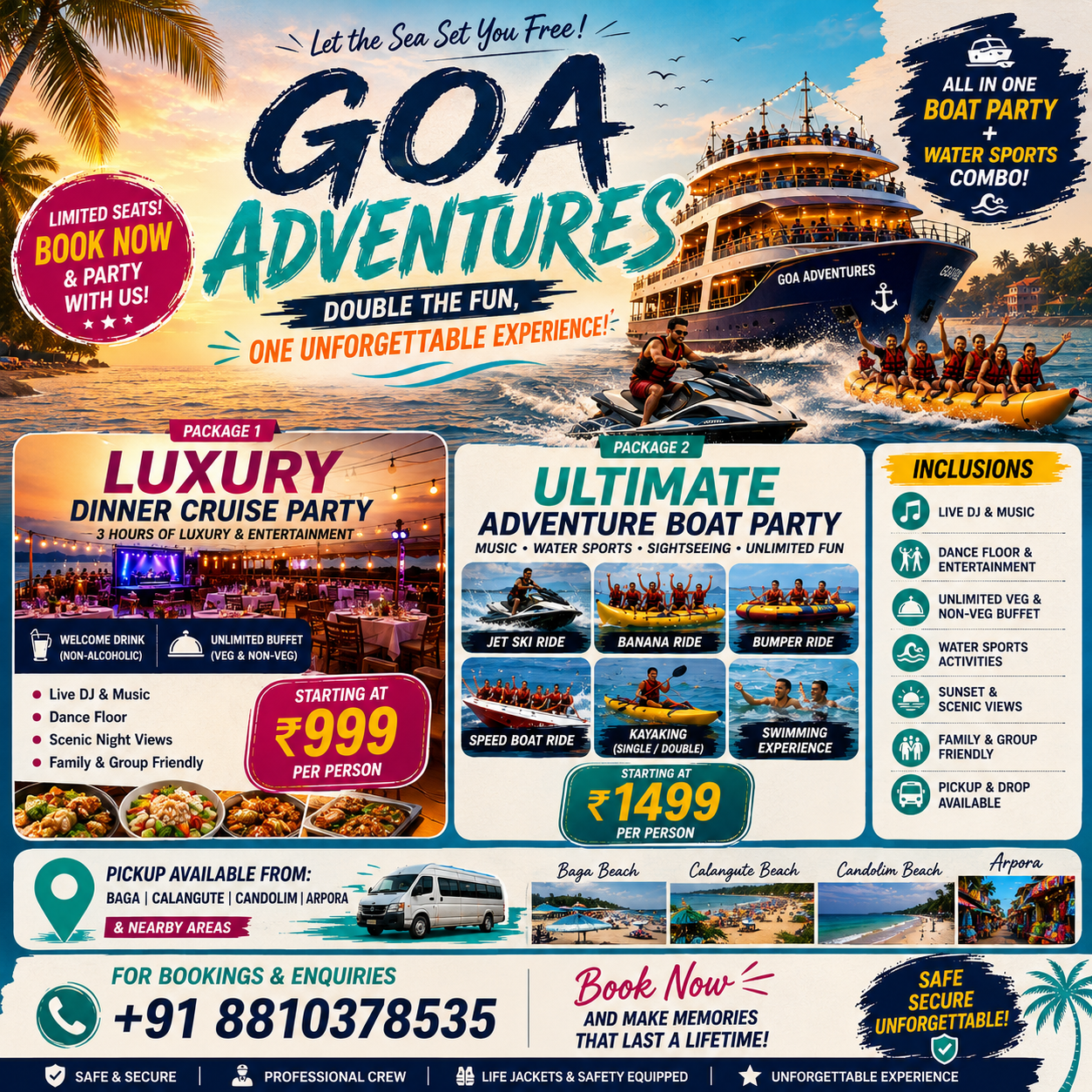 Goa Adventure Trip Facebook ad: Sunset Cruise, Adventure & Unlimited Fun