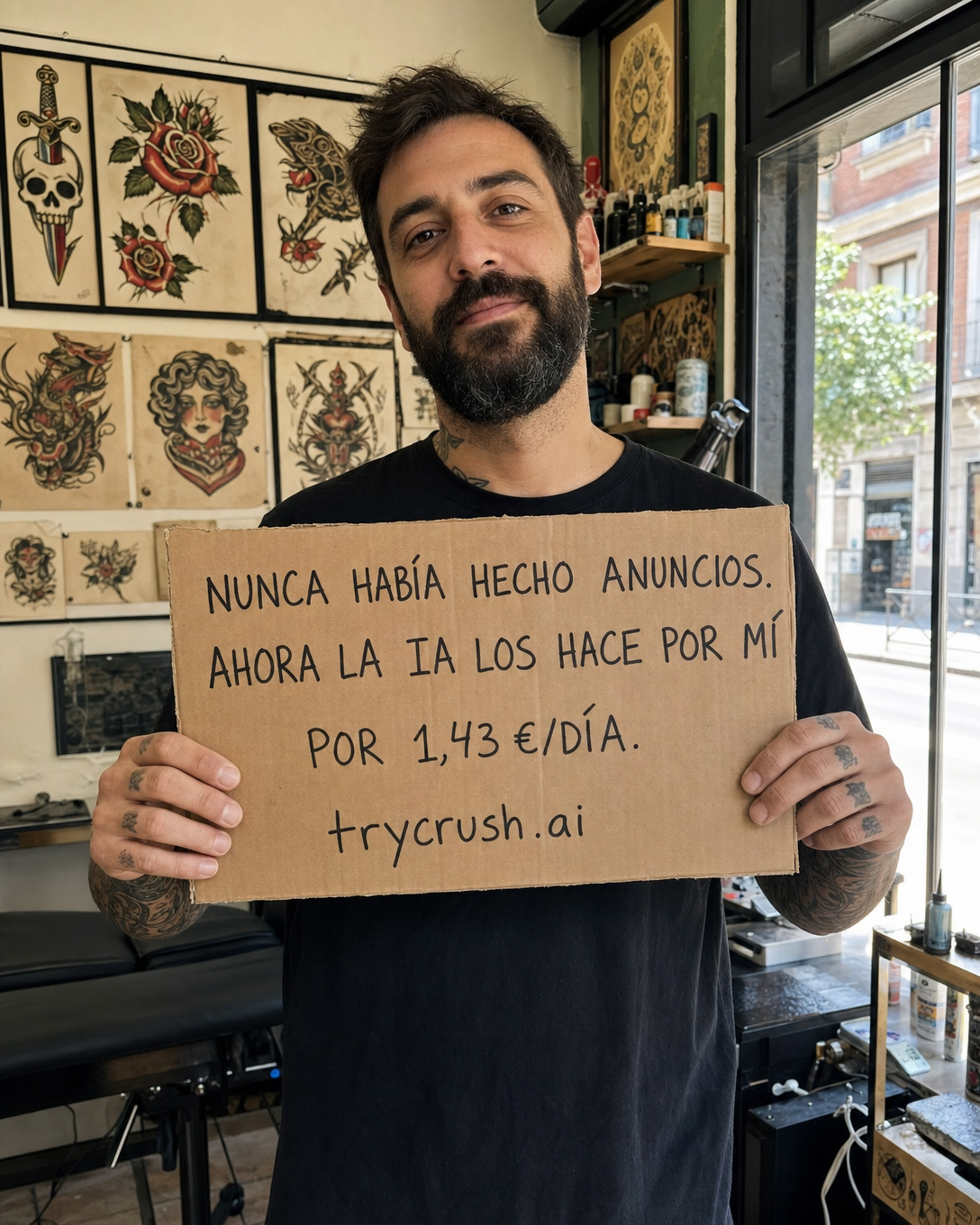trycrush.ai Facebook ad: Nunca había hecho anuncios