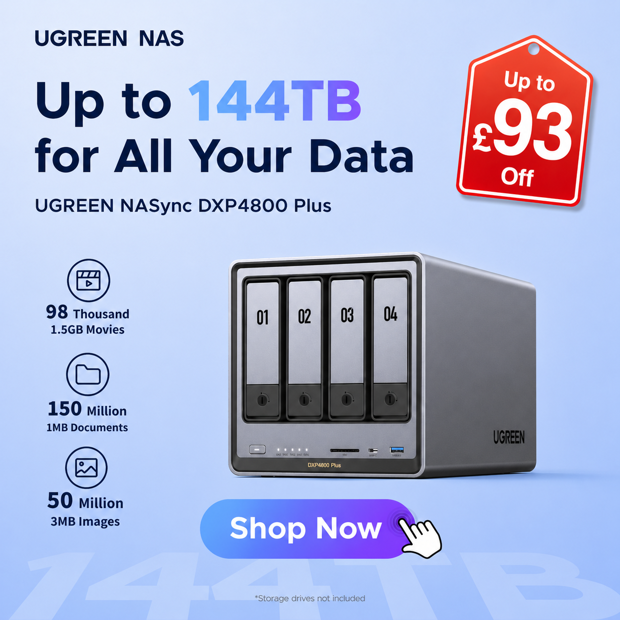 Ugreen NASync UK Facebook ad: Up to 144TB Private Cloud: Save £93 Today!