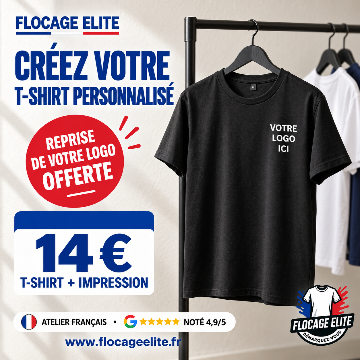 Flocage Elite Facebook ad: T-SHIRT PREMIUM 100% COTON PERSONNALISABLE 190/GR